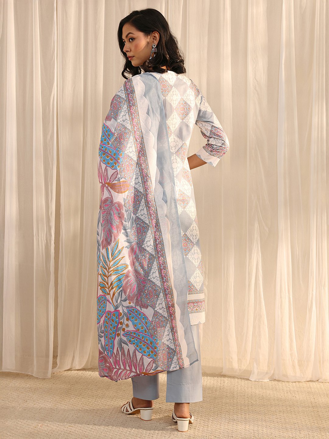 Grey Printed Cotton Blend Kurta Set with Dupatta