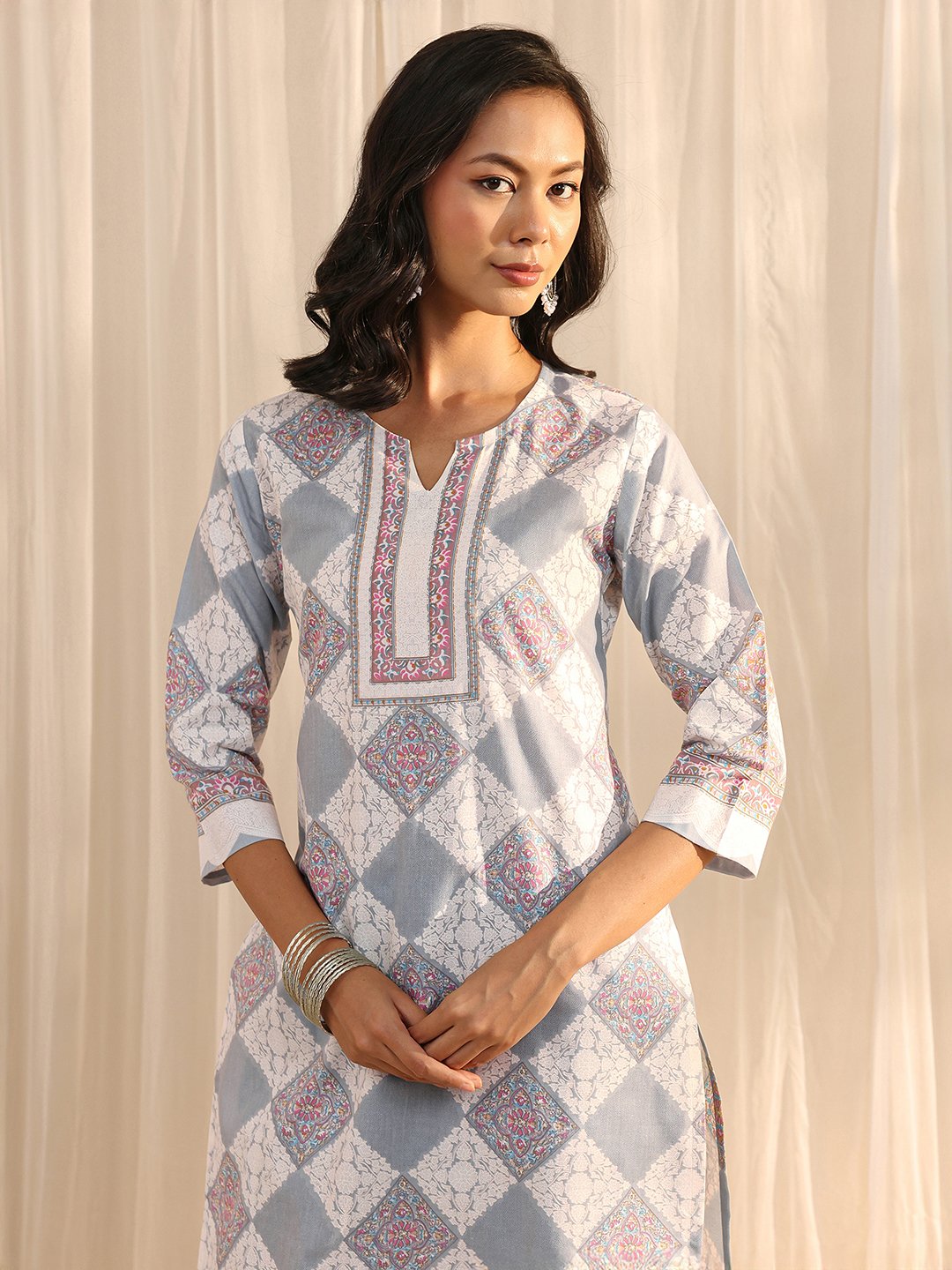 Grey Printed Cotton Blend Kurta Set with Dupatta
