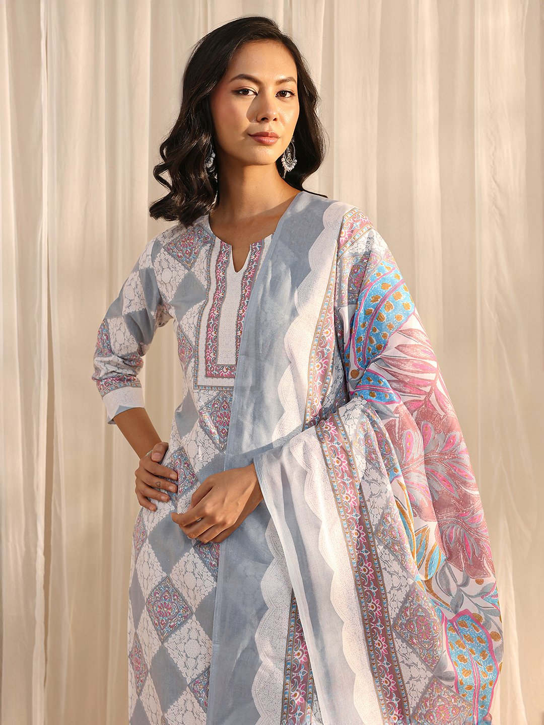 Grey Printed Cotton Blend Kurta Set with Dupatta