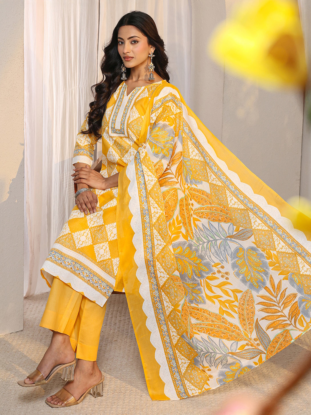 Sunny Yellow Printed Cotton Blend Kurta Set with Trousers and Dupatta