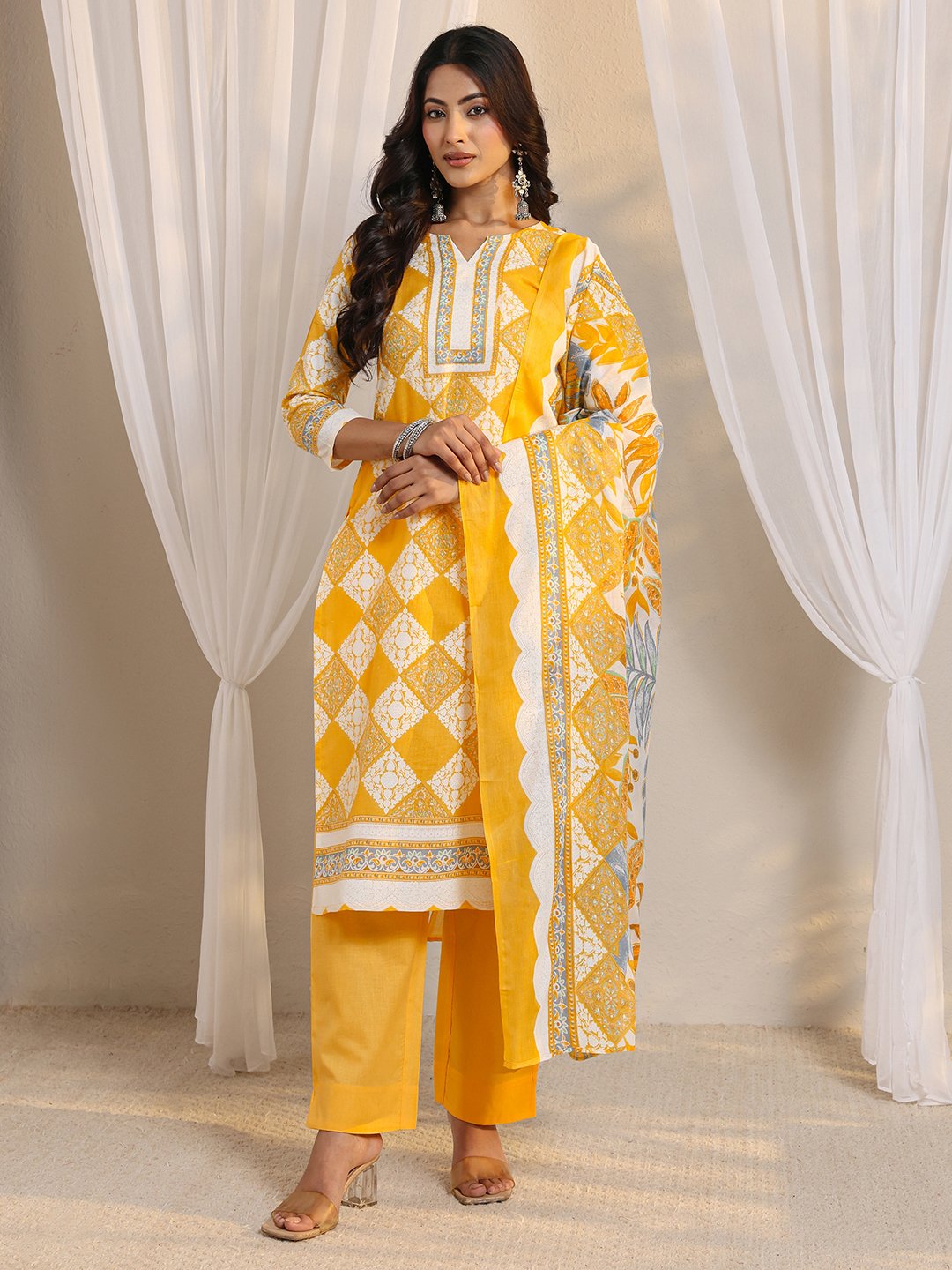 Sunny Yellow Printed Cotton Blend Kurta Set with Trousers and Dupatta
