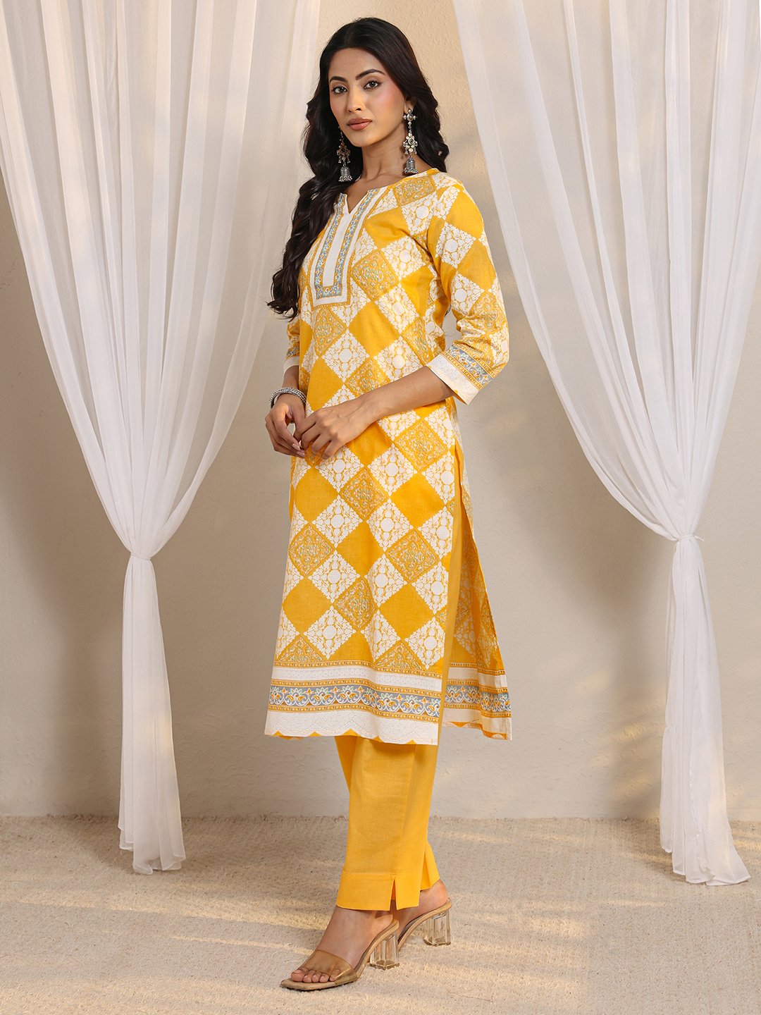 Sunny Yellow Printed Cotton Blend Kurta Set with Trousers and Dupatta