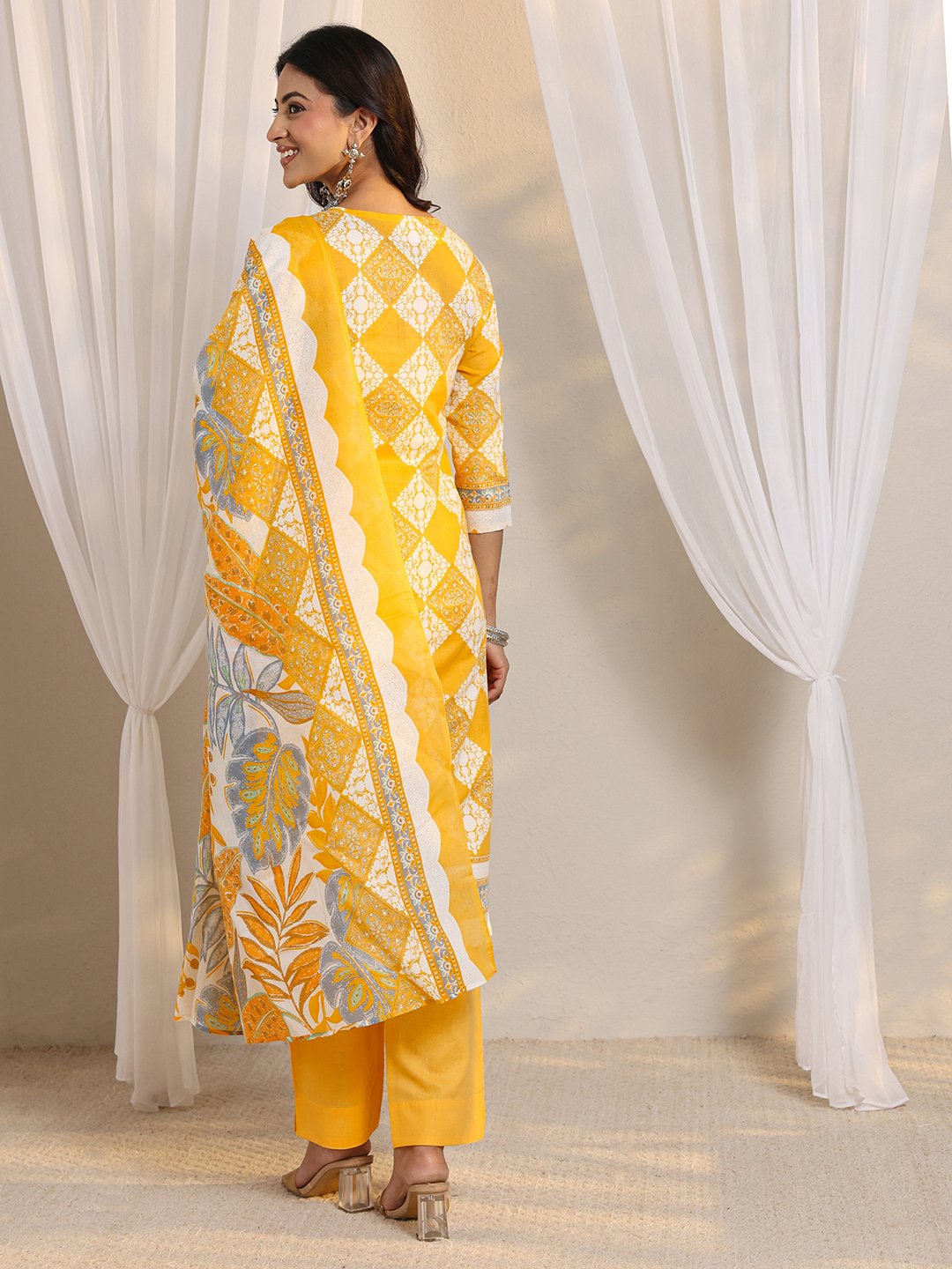 Sunny Yellow Printed Cotton Blend Kurta Set with Trousers and Dupatta