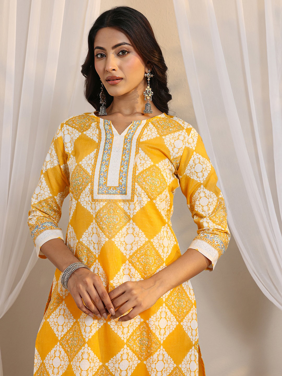 Sunny Yellow Printed Cotton Blend Kurta Set with Trousers and Dupatta