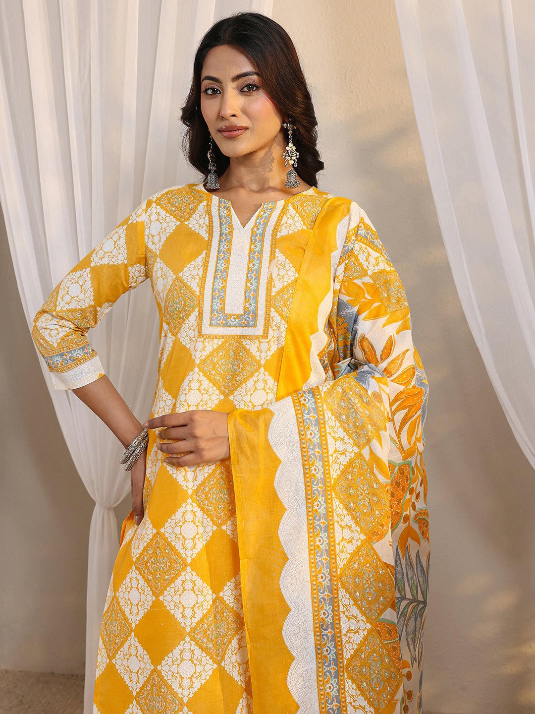 Sunny Yellow Printed Cotton Blend Kurta Set with Trousers and Dupatta