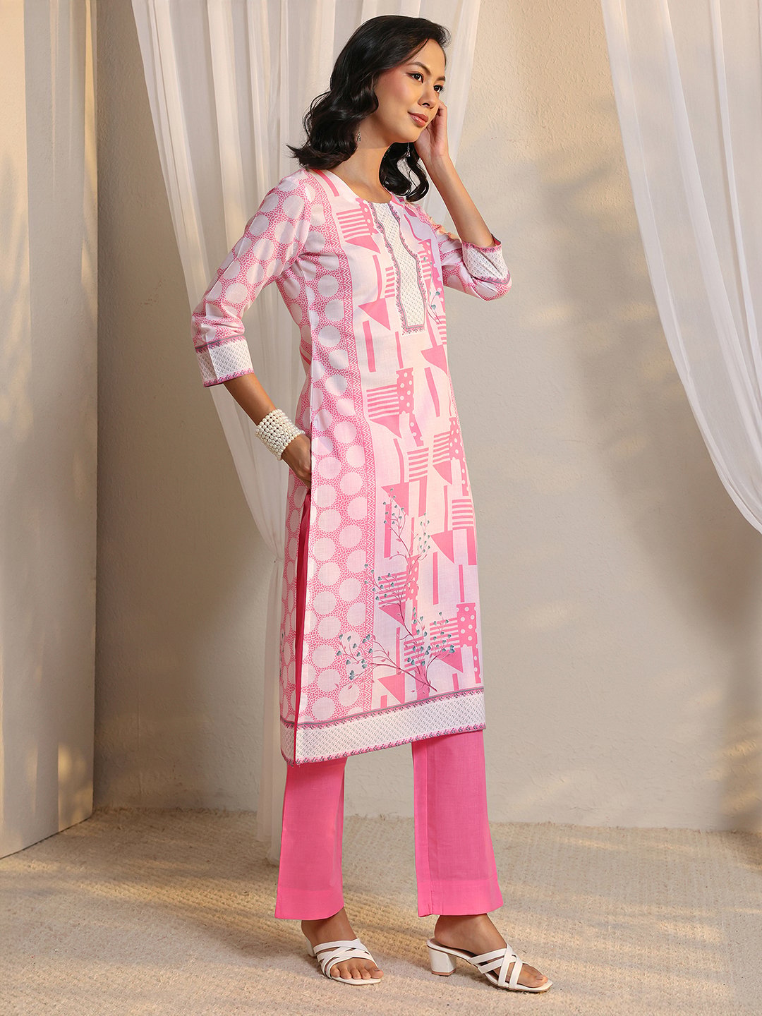 Pink Printed Cotton Blend Kurta Set with Straight Trousers and Dupatta