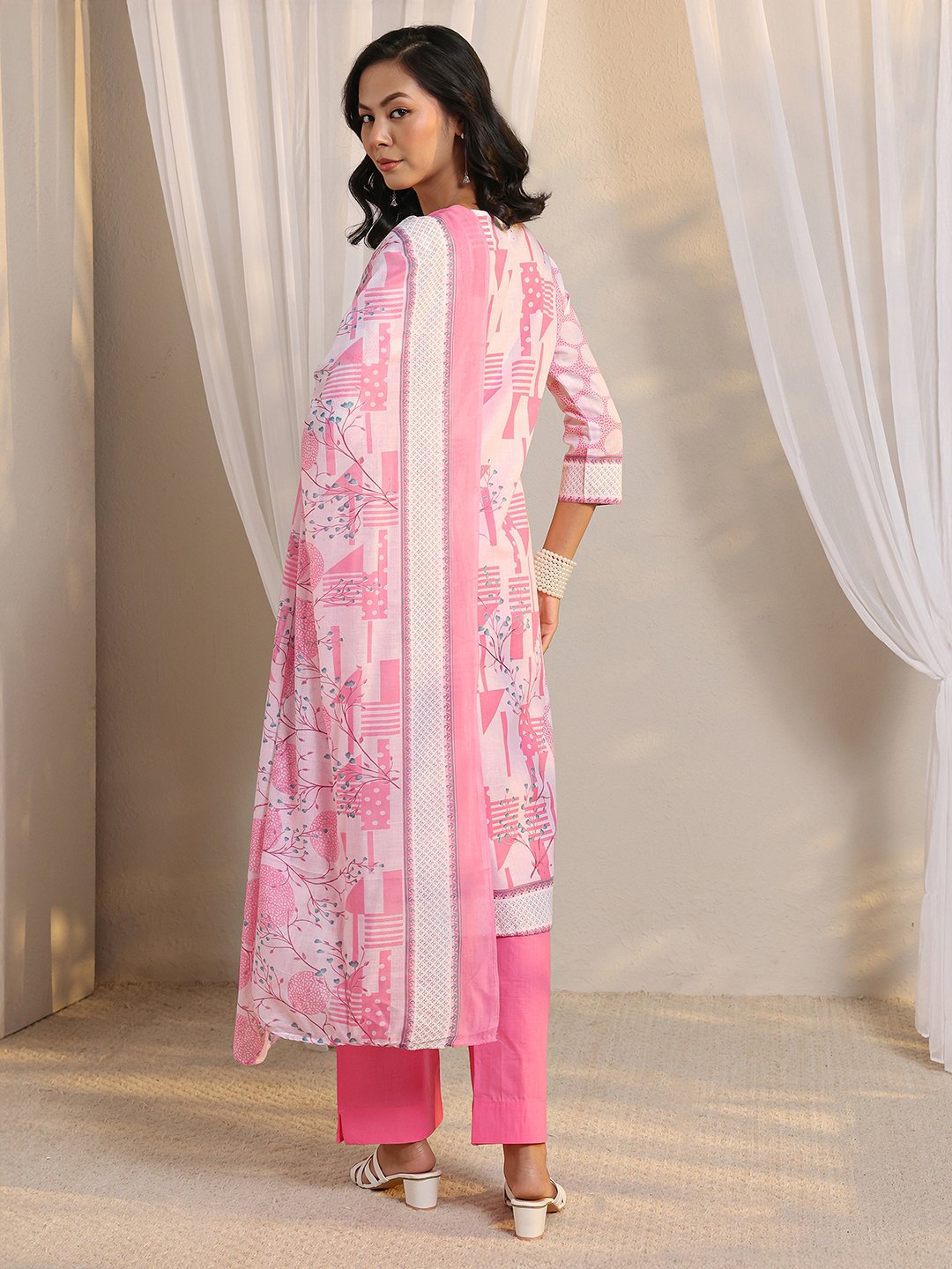 Pink Printed Cotton Blend Kurta Set with Straight Trousers and Dupatta