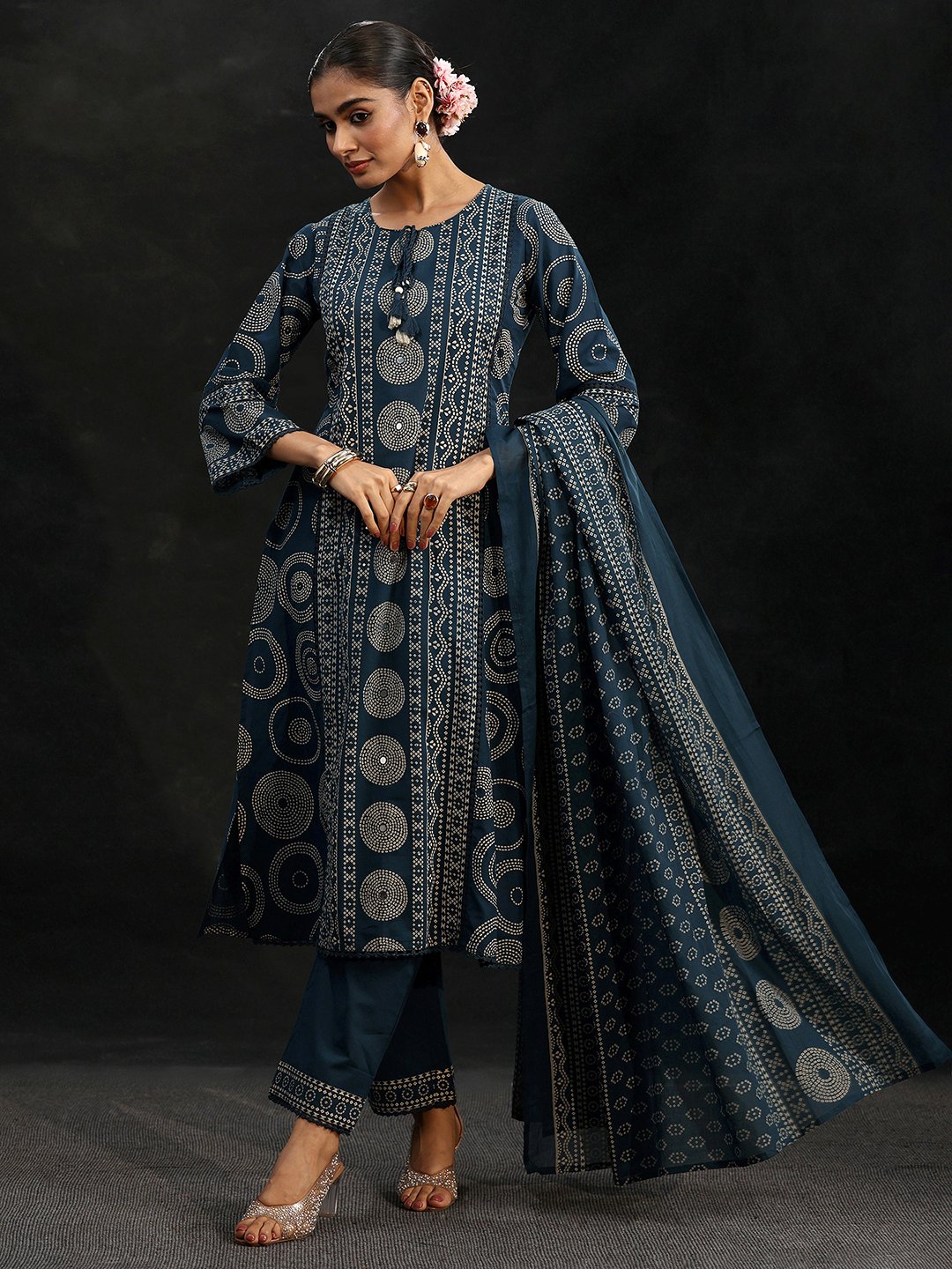 Blue Printed Kurta Set with Trousers and Dupatta
