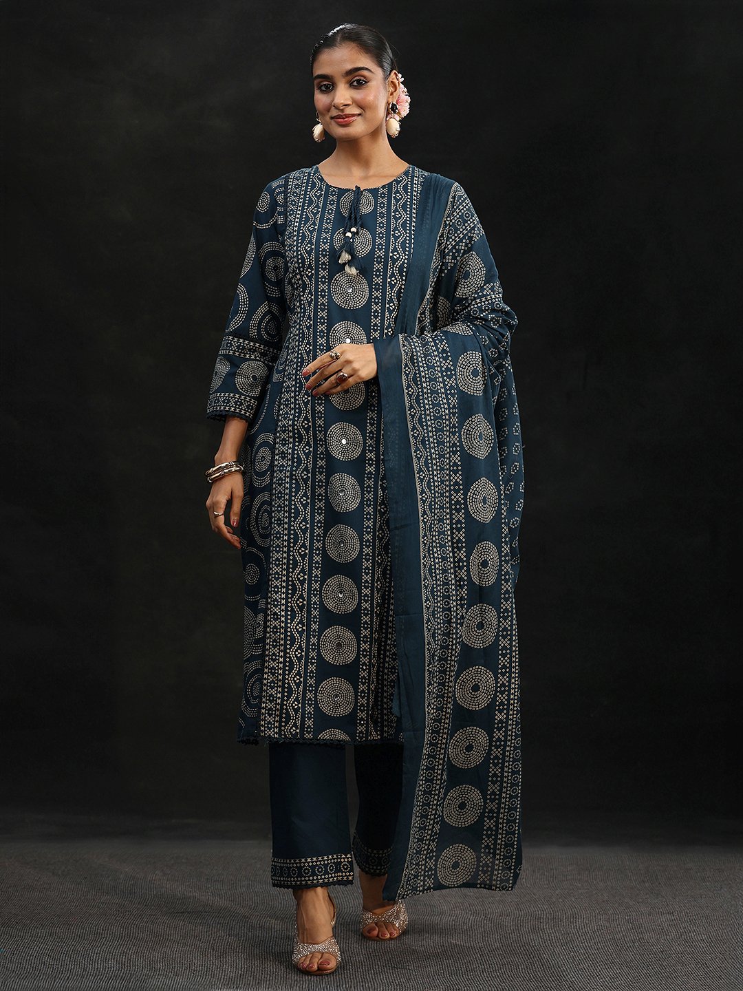 Blue Printed Kurta Set with Trousers and Dupatta