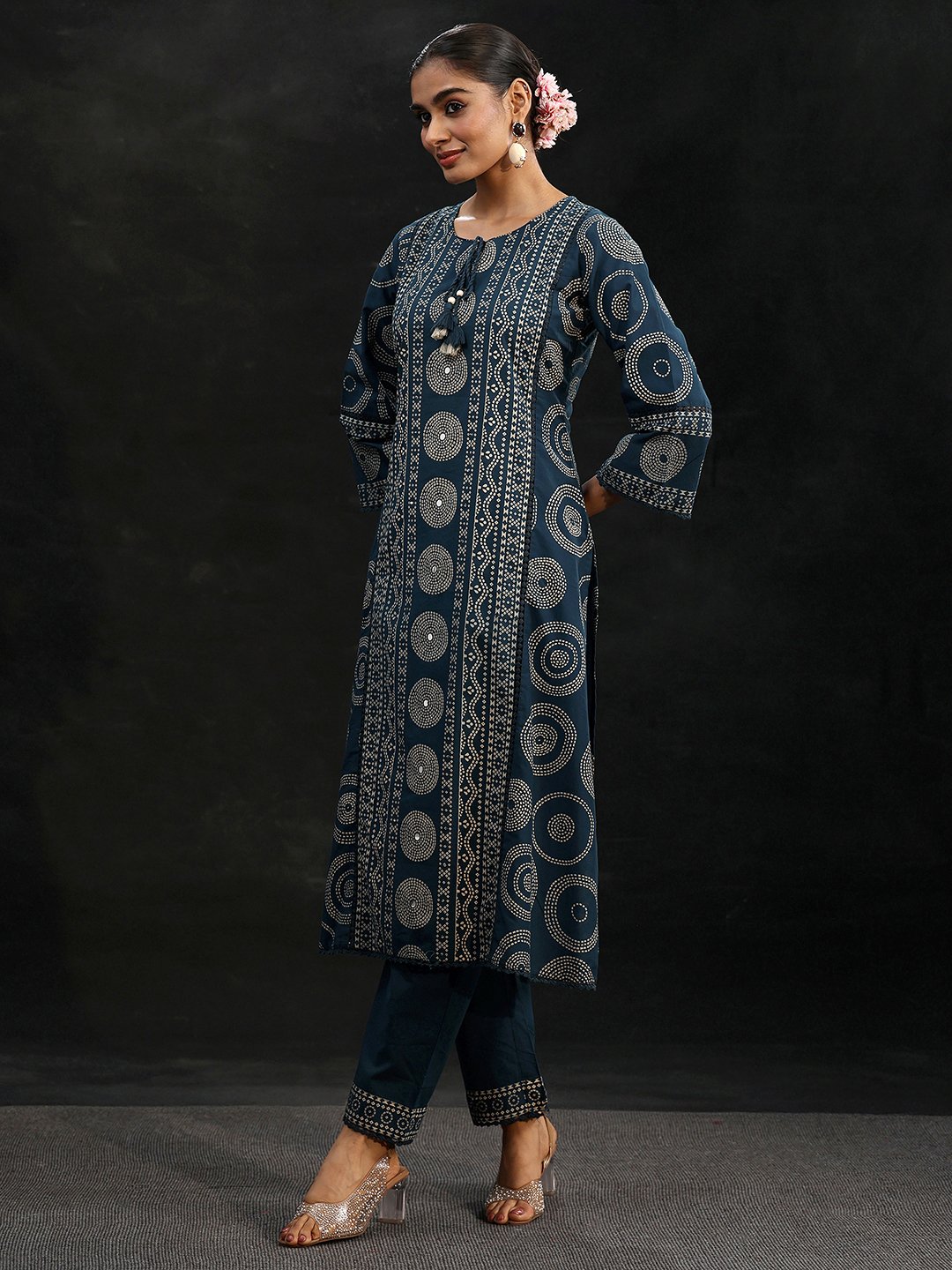 Blue Printed Kurta Set with Trousers and Dupatta