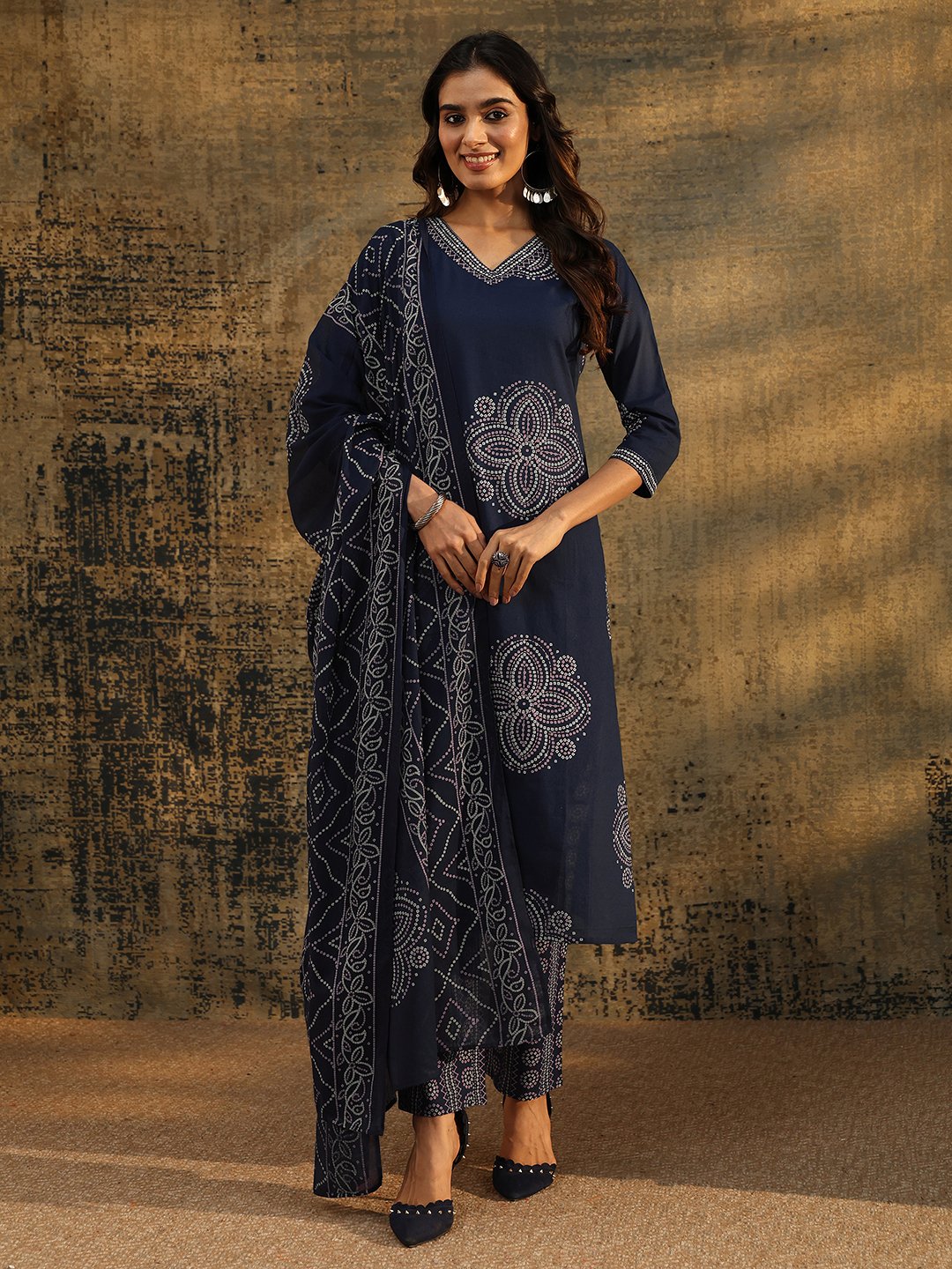 Navy Blue Printed Kurta Set with Dupatta