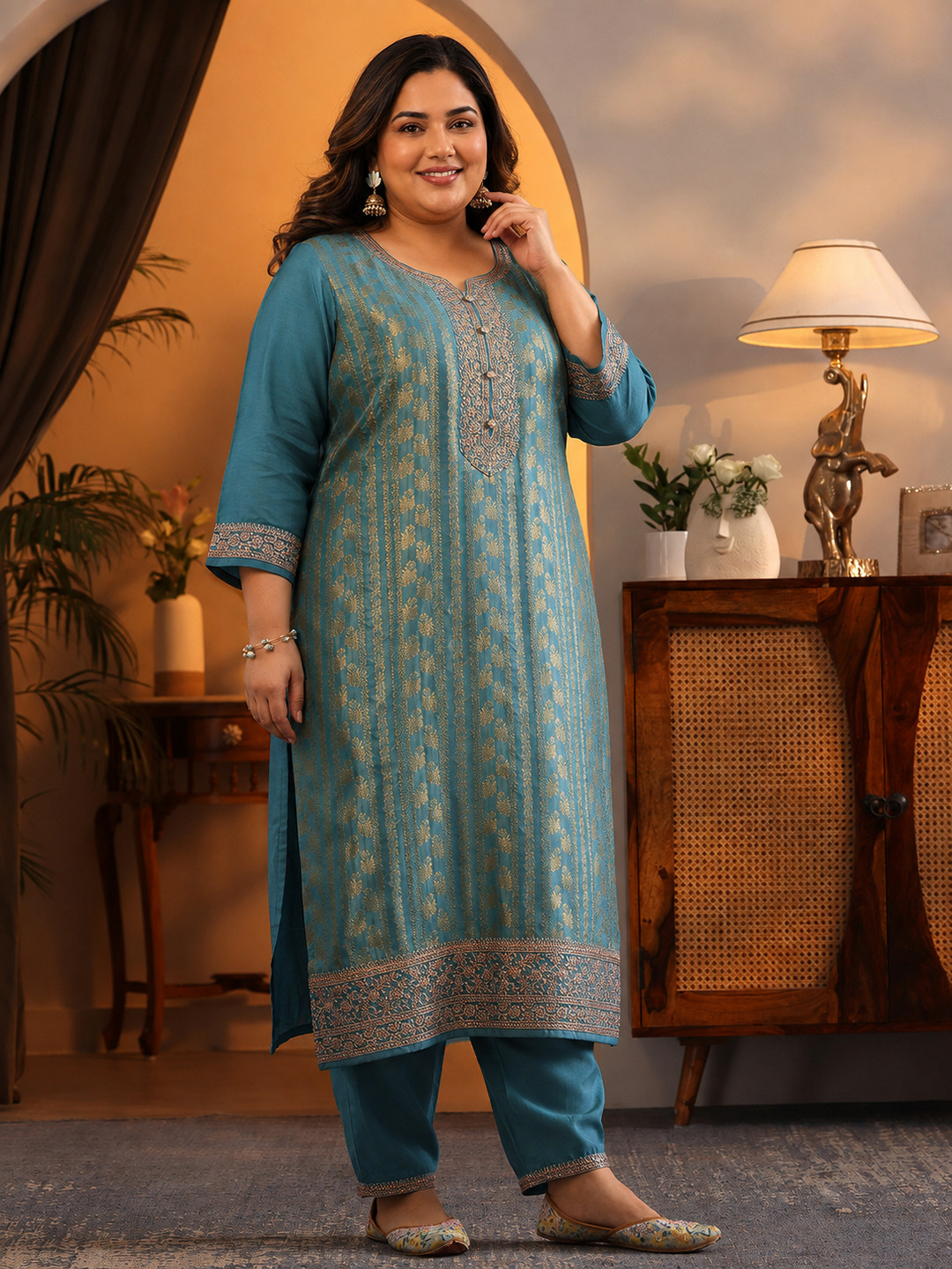 Plus Blue Embroidered Silk Blend Kurta Set with Dupatta