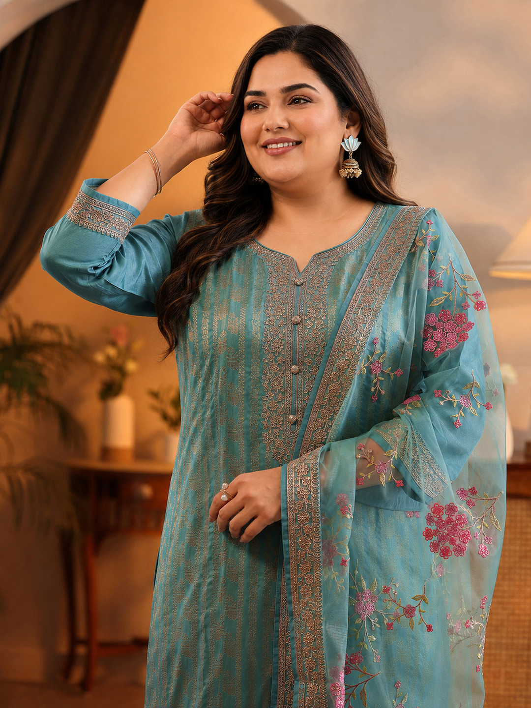 Plus Blue Embroidered Silk Blend Kurta Set with Dupatta