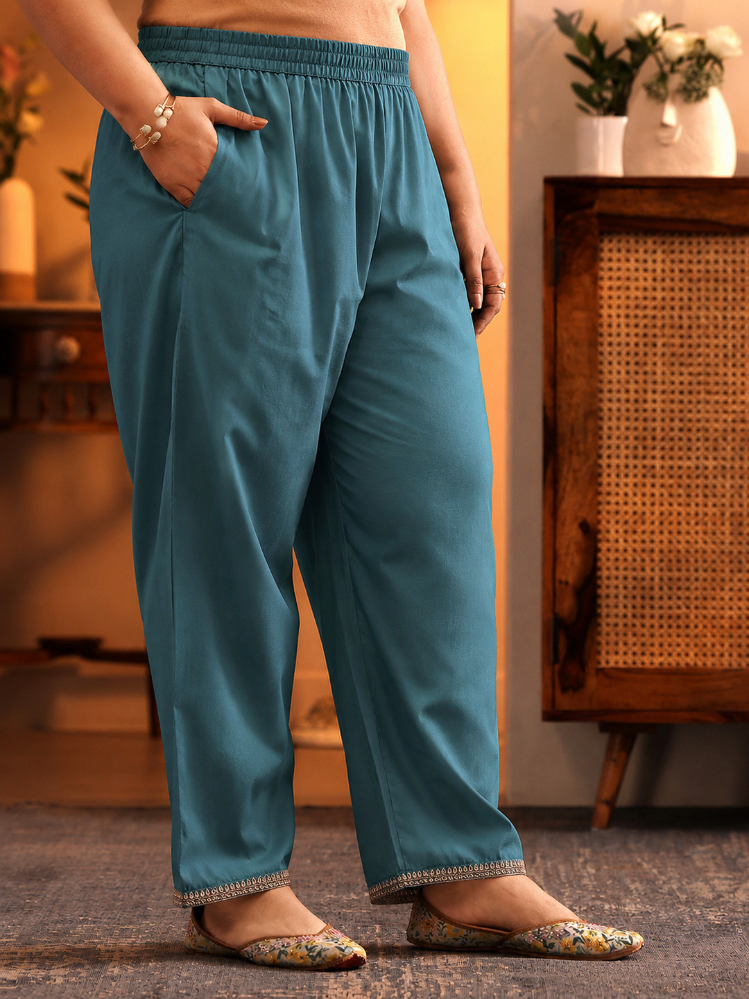 Plus Blue Embroidered Silk Blend Kurta Set with Dupatta