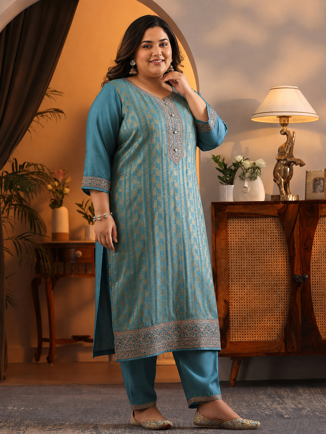 Plus Blue Embroidered Silk Blend Kurta Set with Dupatta