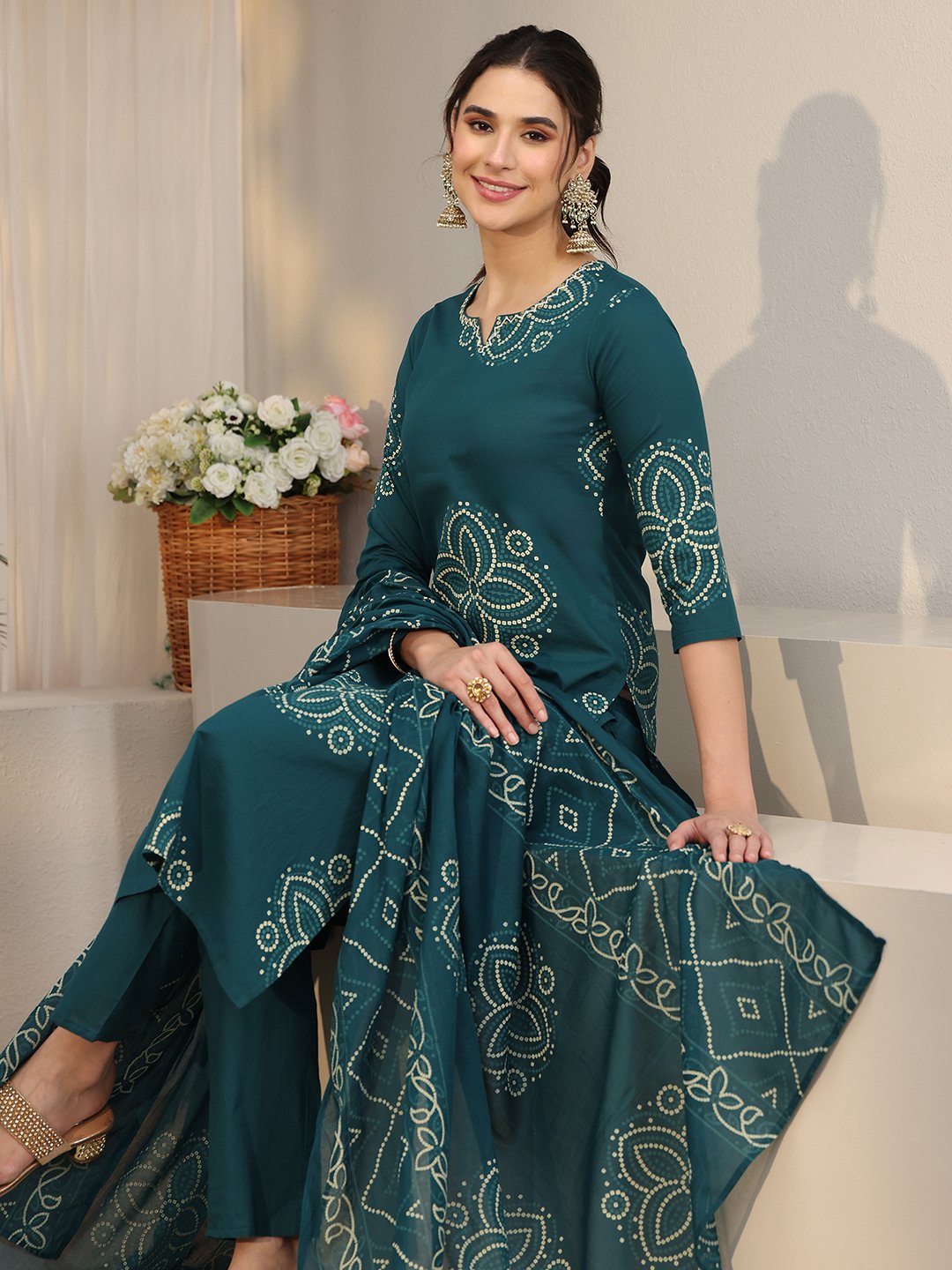Emerald Green Printed Kurta Set with Dupatta and Trousers