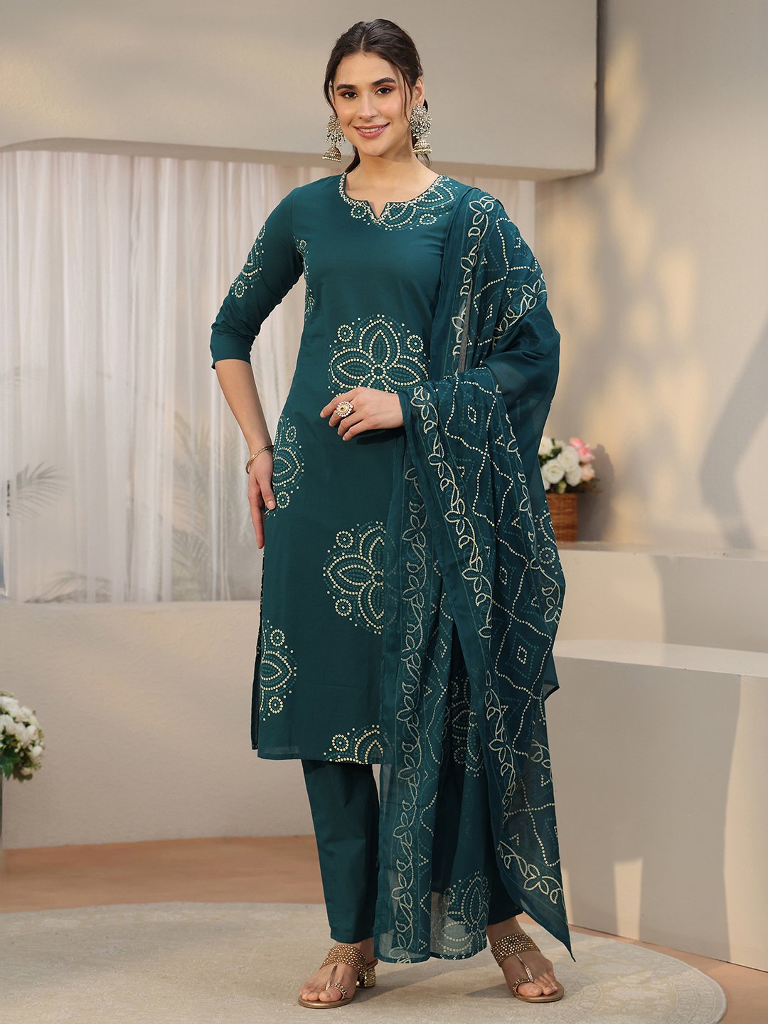 Emerald Green Printed Kurta Set with Dupatta and Trousers