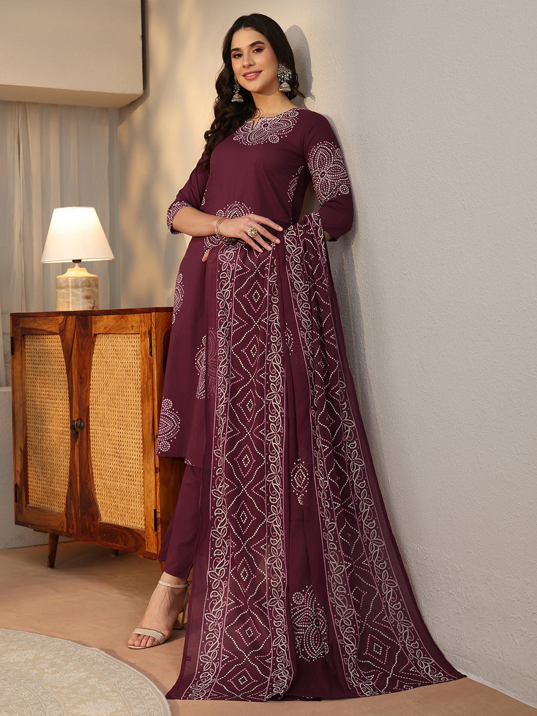 Burgundy Printed Cotton Kurta Set with Straight Trousers and Dupatta
