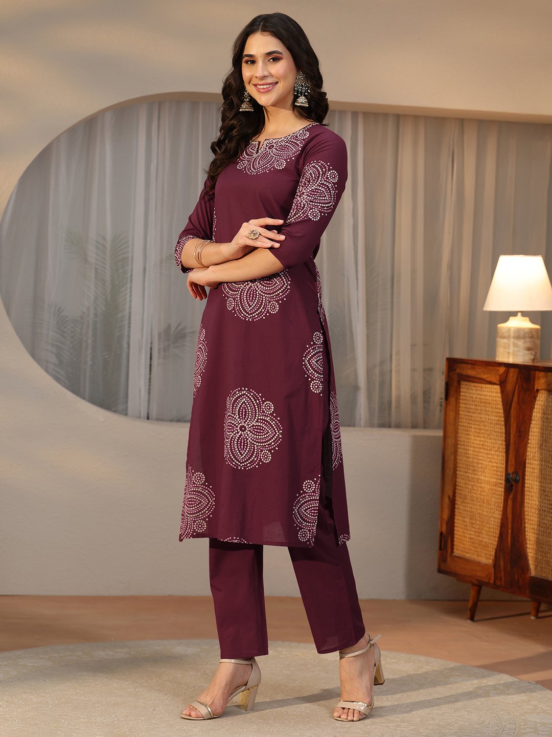 Burgundy Printed Cotton Kurta Set with Straight Trousers and Dupatta