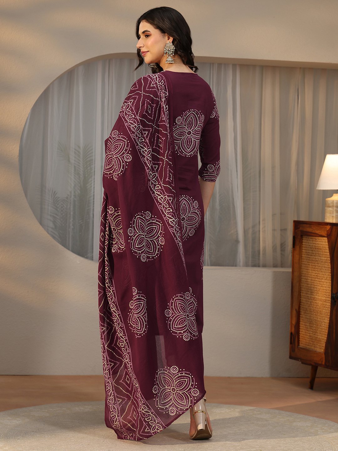 Burgundy Printed Cotton Kurta Set with Straight Trousers and Dupatta