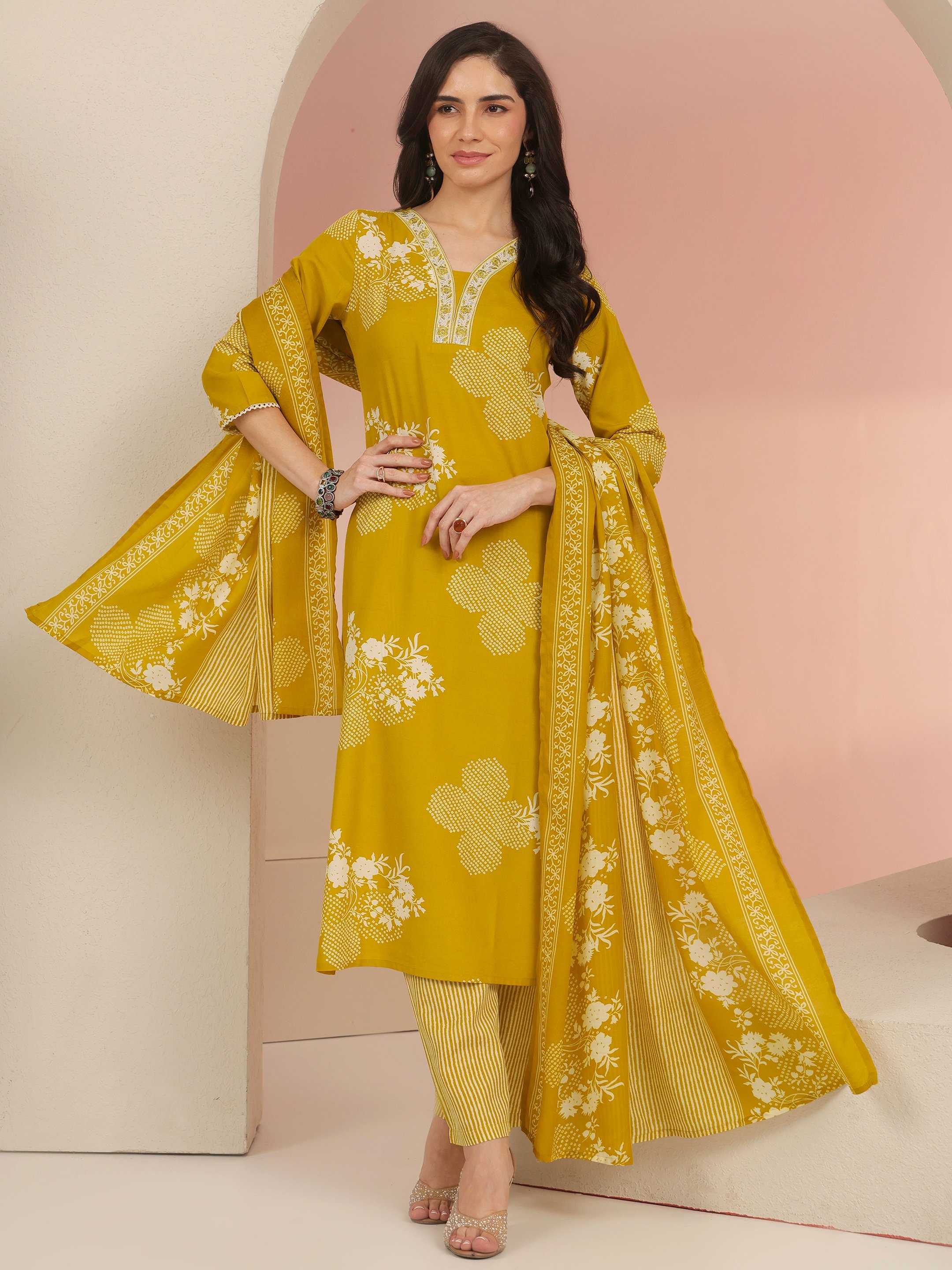 Mustard Printed Cotton Blend Kurta Set with Straight Pants and Dupatta - V-Neck, Three-Quarter Sleeves