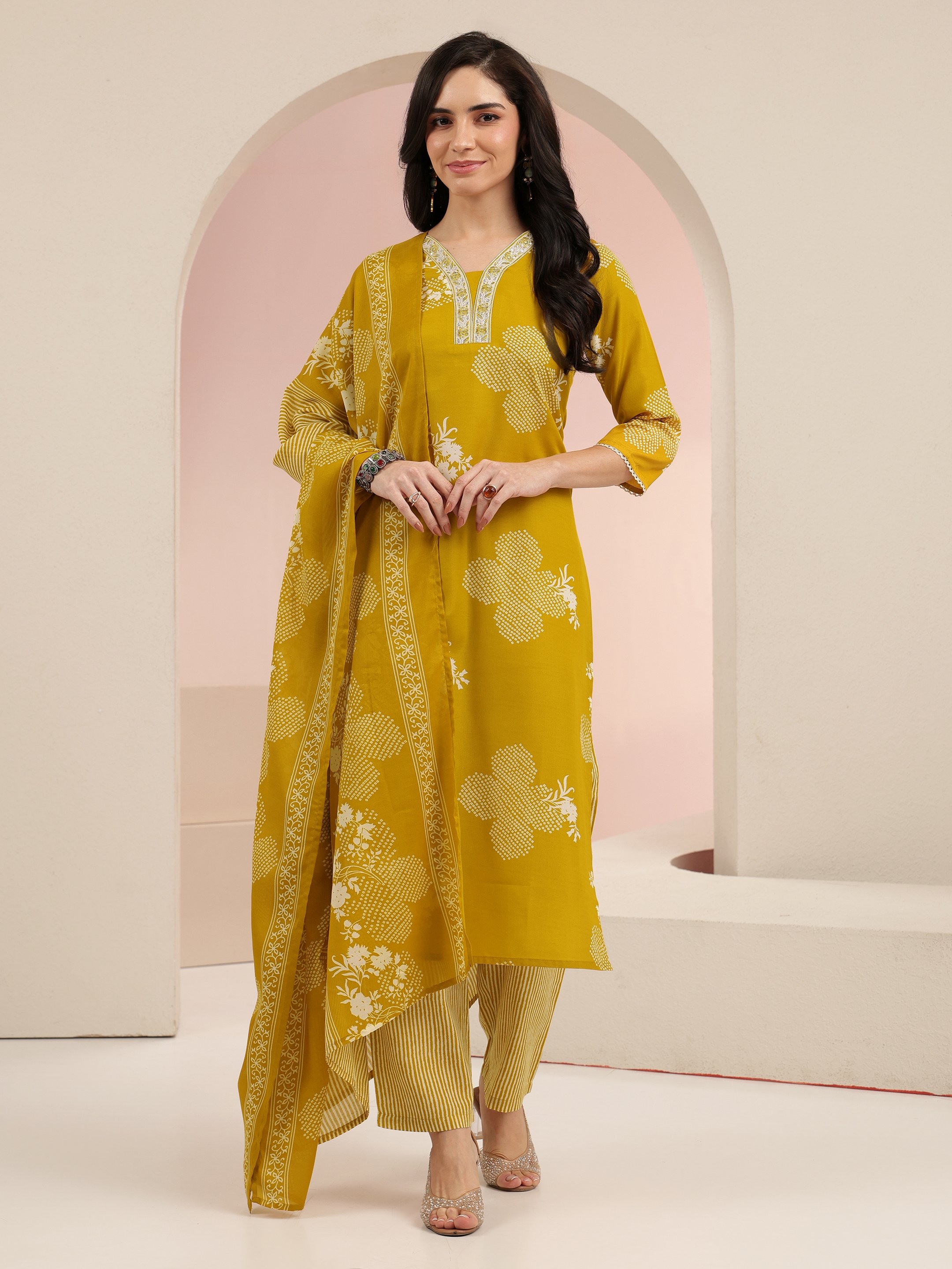 Mustard Printed Cotton Blend Kurta Set with Straight Pants and Dupatta - V-Neck, Three-Quarter Sleeves