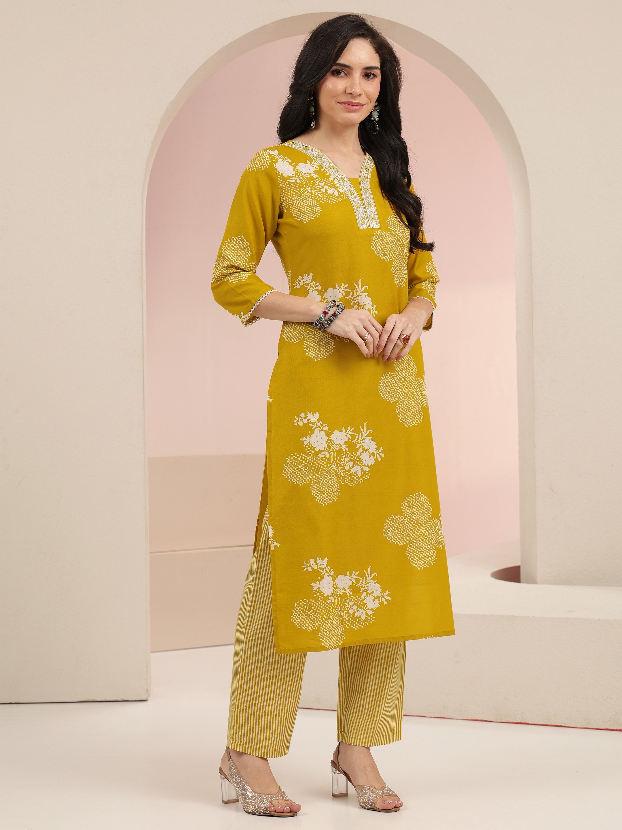 Mustard Printed Cotton Blend Kurta Set with Straight Pants and Dupatta - V-Neck, Three-Quarter Sleeves
