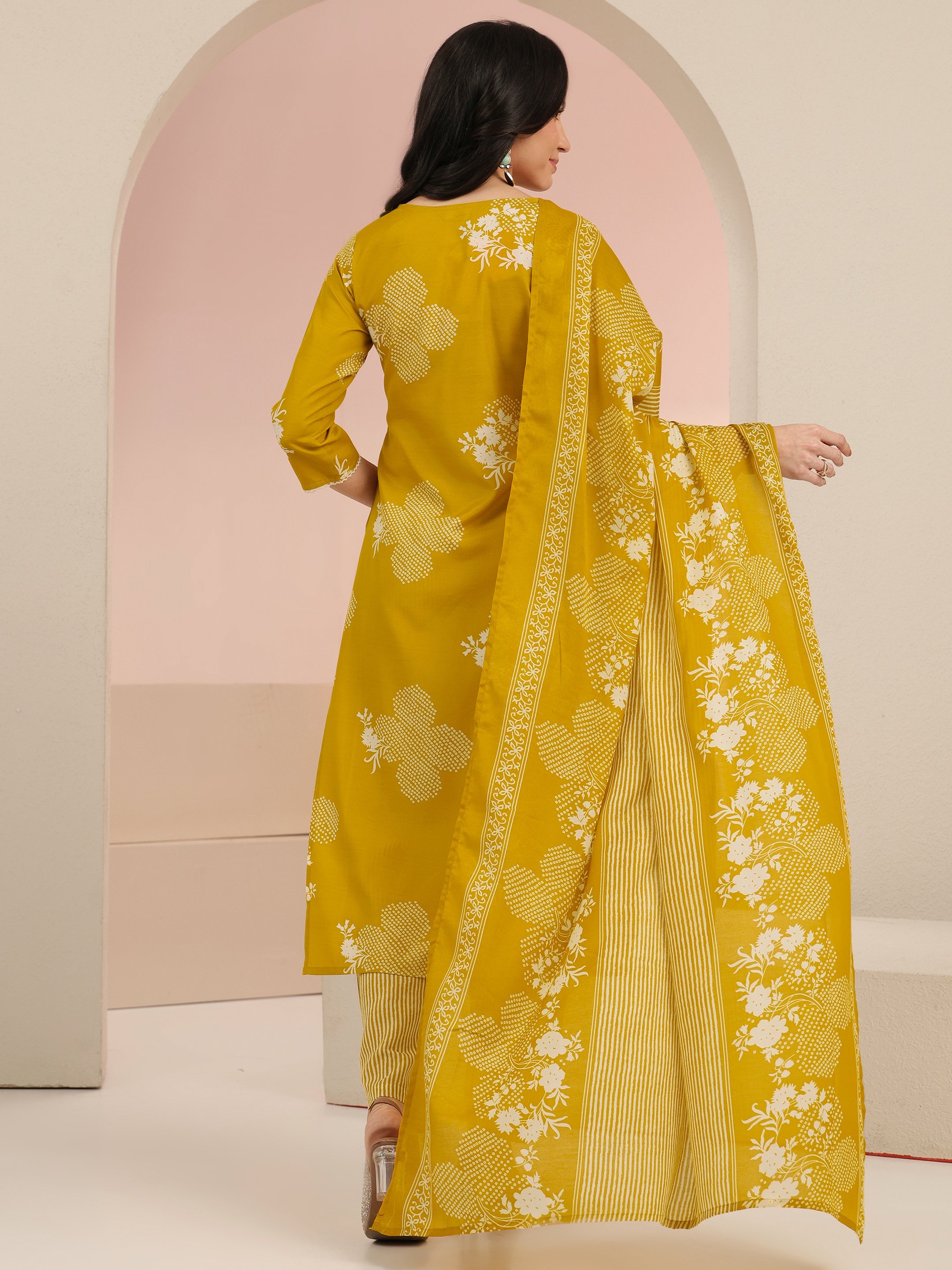 Mustard Printed Cotton Blend Kurta Set with Straight Pants and Dupatta - V-Neck, Three-Quarter Sleeves