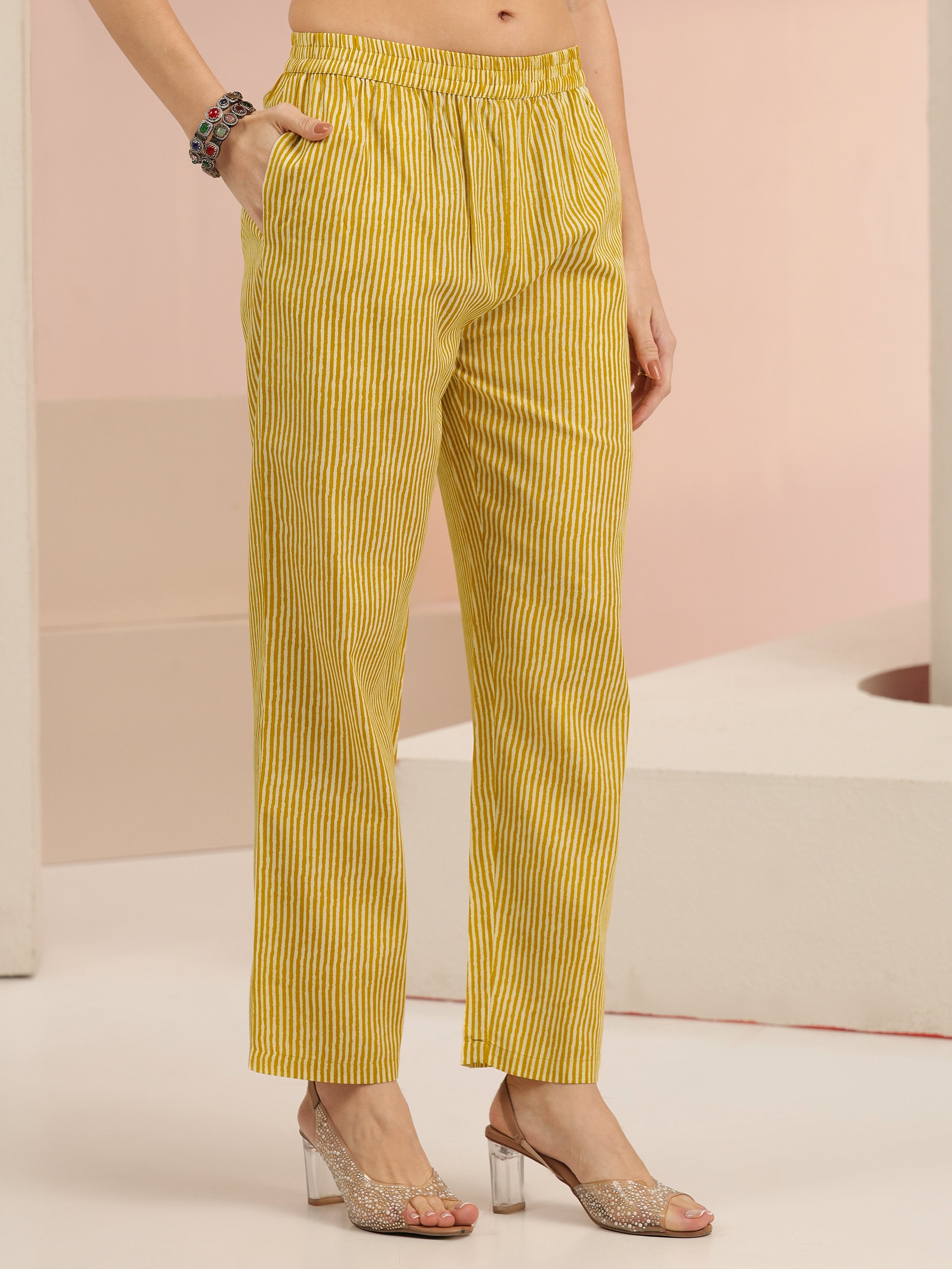 Mustard Printed Cotton Blend Kurta Set with Straight Pants and Dupatta - V-Neck, Three-Quarter Sleeves