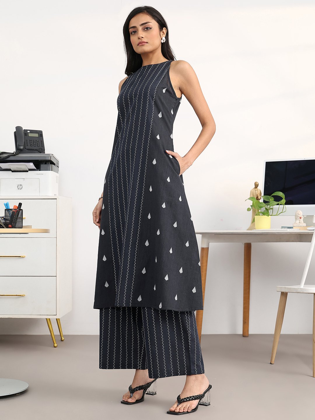 Black Woven Halter Neck Kurta and Straight Palazzo Set