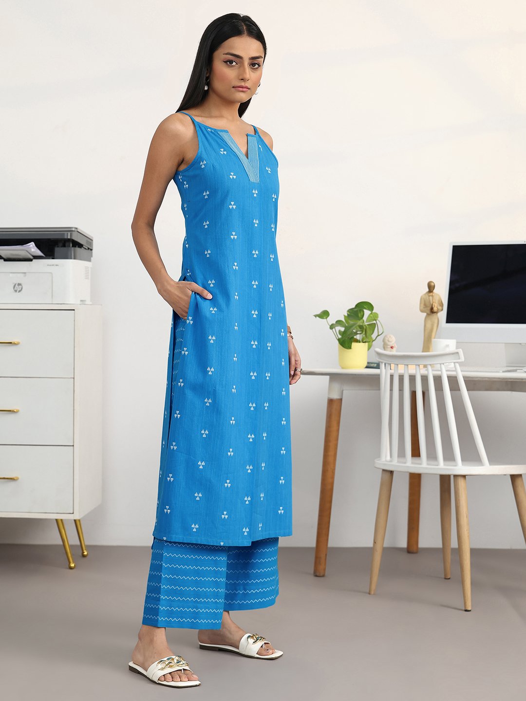 Blue Sleeveless A-Line Kurta and Wide-Leg Palazzo Set