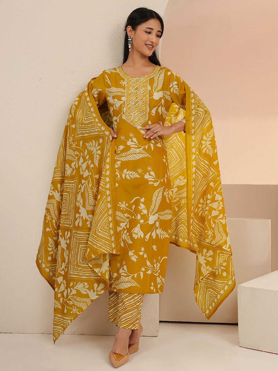 Mustard Printed Cotton Blend Kurta Set with Straight Trousers and Dupatta
