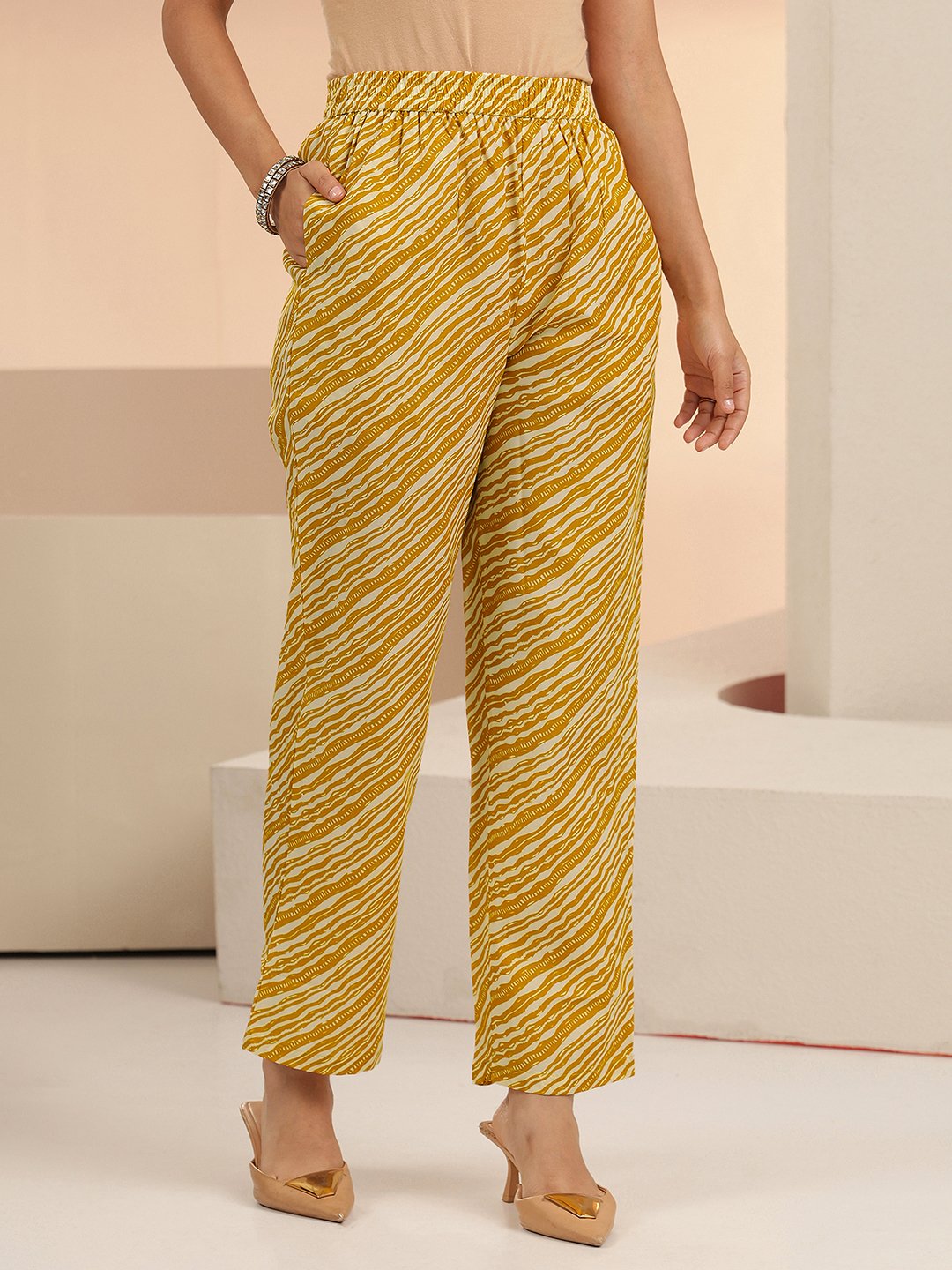 Mustard Printed Cotton Blend Kurta Set with Straight Trousers and Dupatta