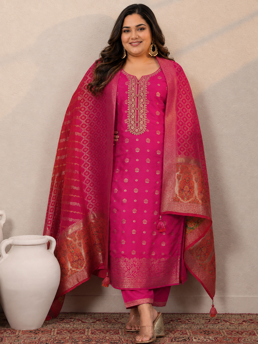 Pink Silk Blend Plus Size Kurta Set with Woven Dupatta