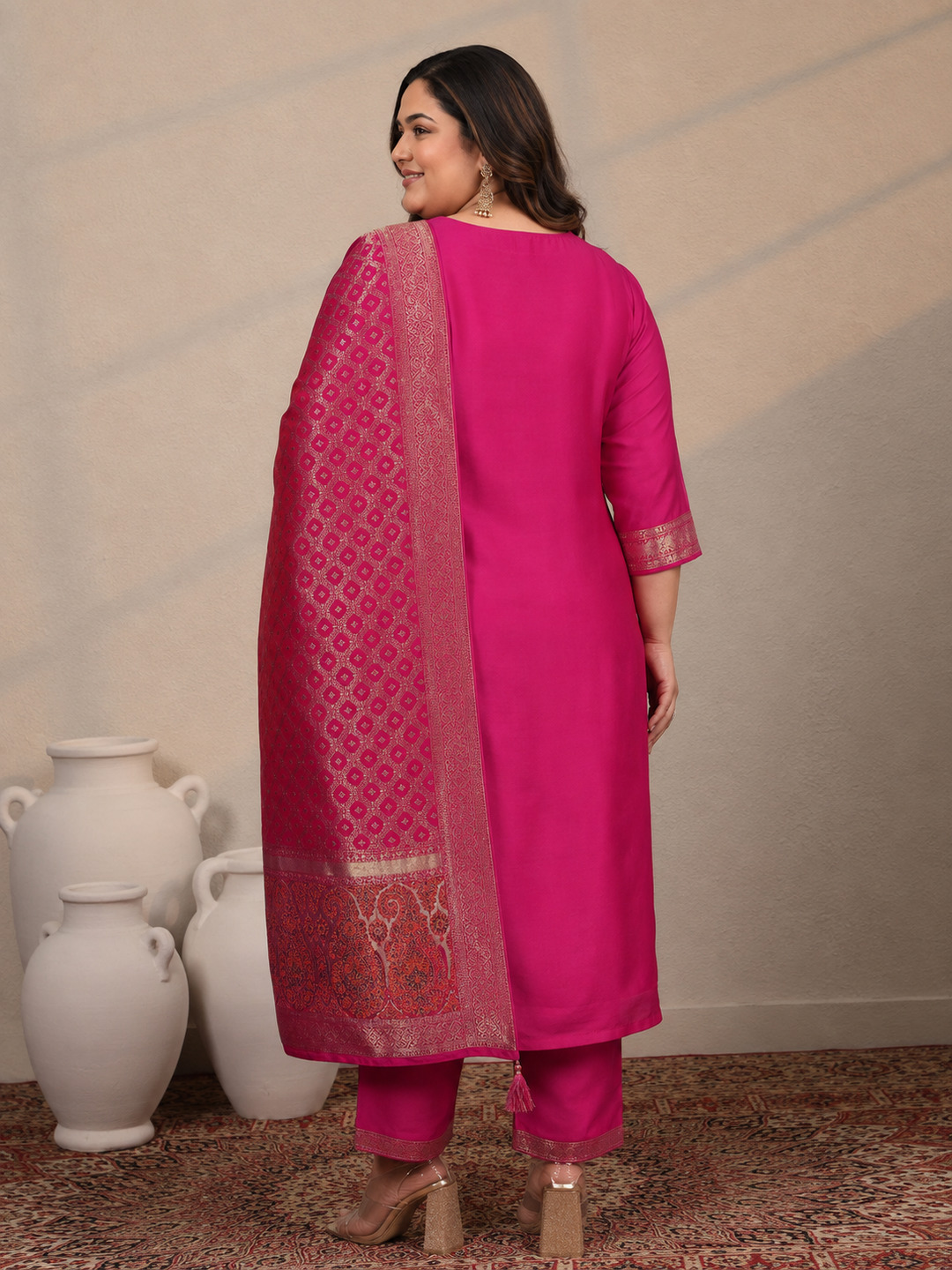 Pink Silk Blend Plus Size Kurta Set with Woven Dupatta