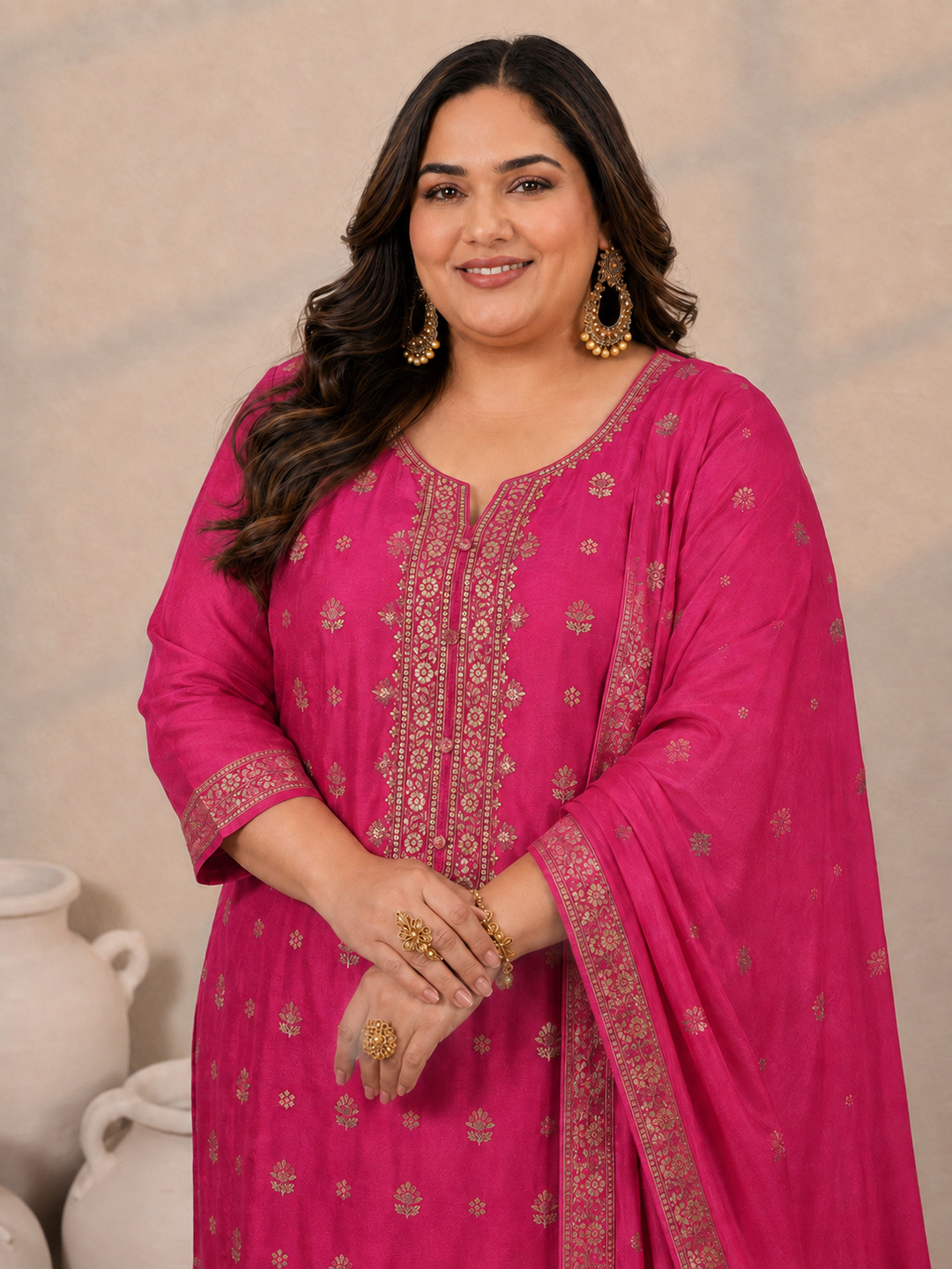 Pink Silk Blend Plus Size Kurta Set with Woven Dupatta