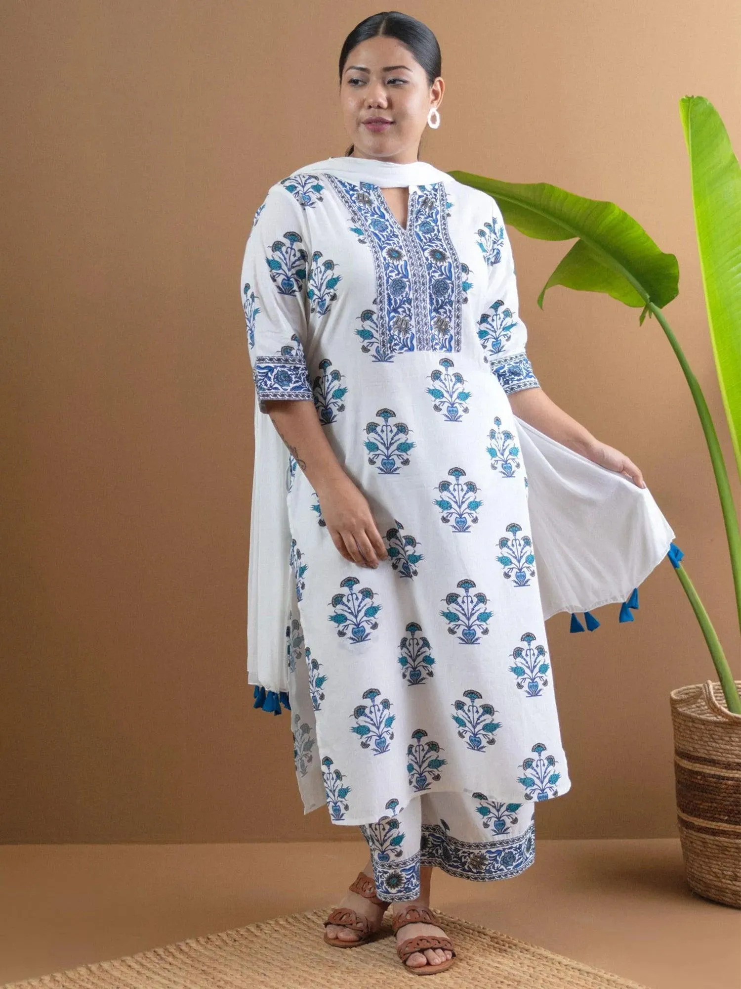 Pluse Size White Printed Cotton Kurta Set with Palazzo and Dupatta