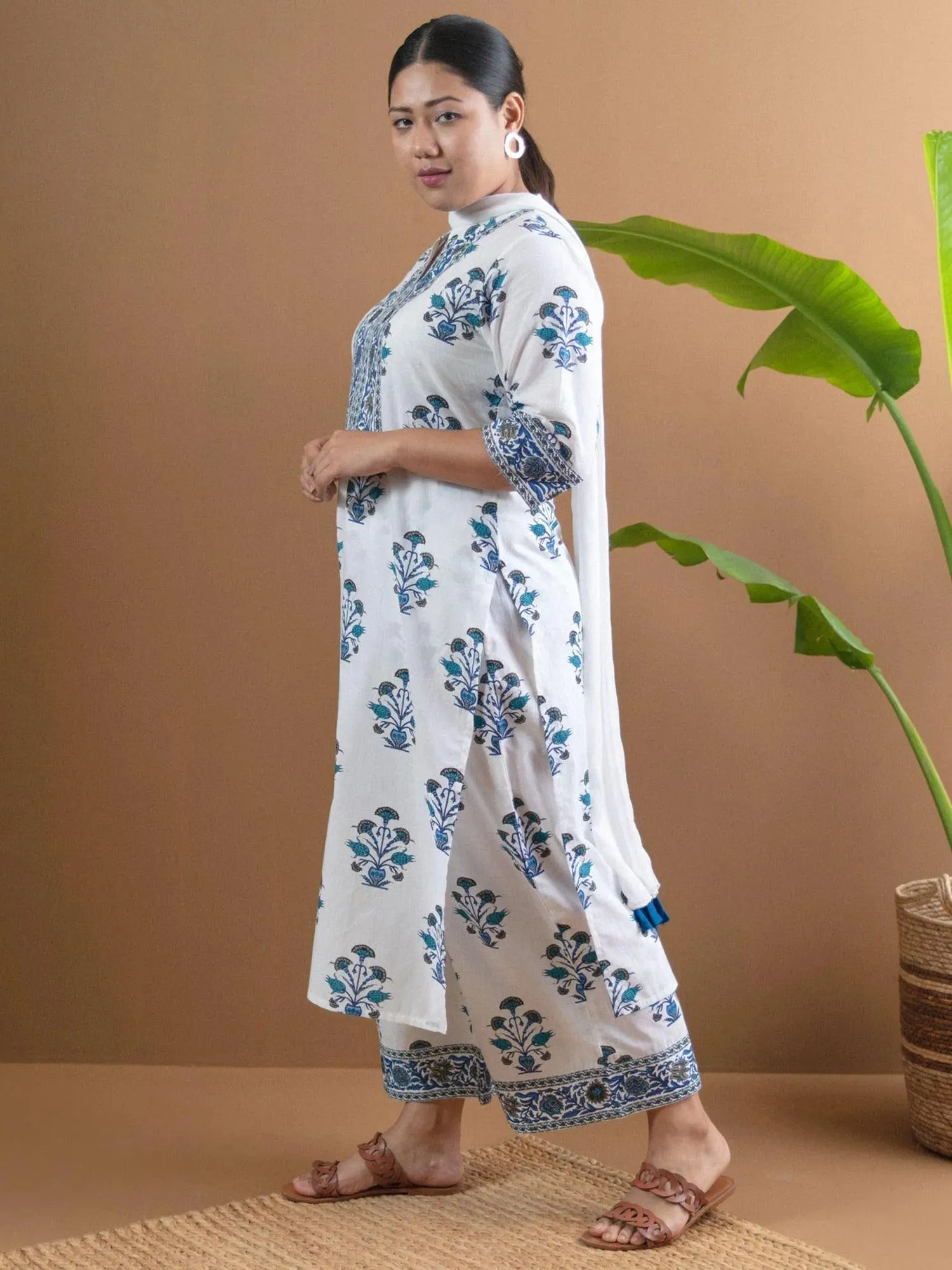 Pluse Size White Printed Cotton Kurta Set with Palazzo and Dupatta