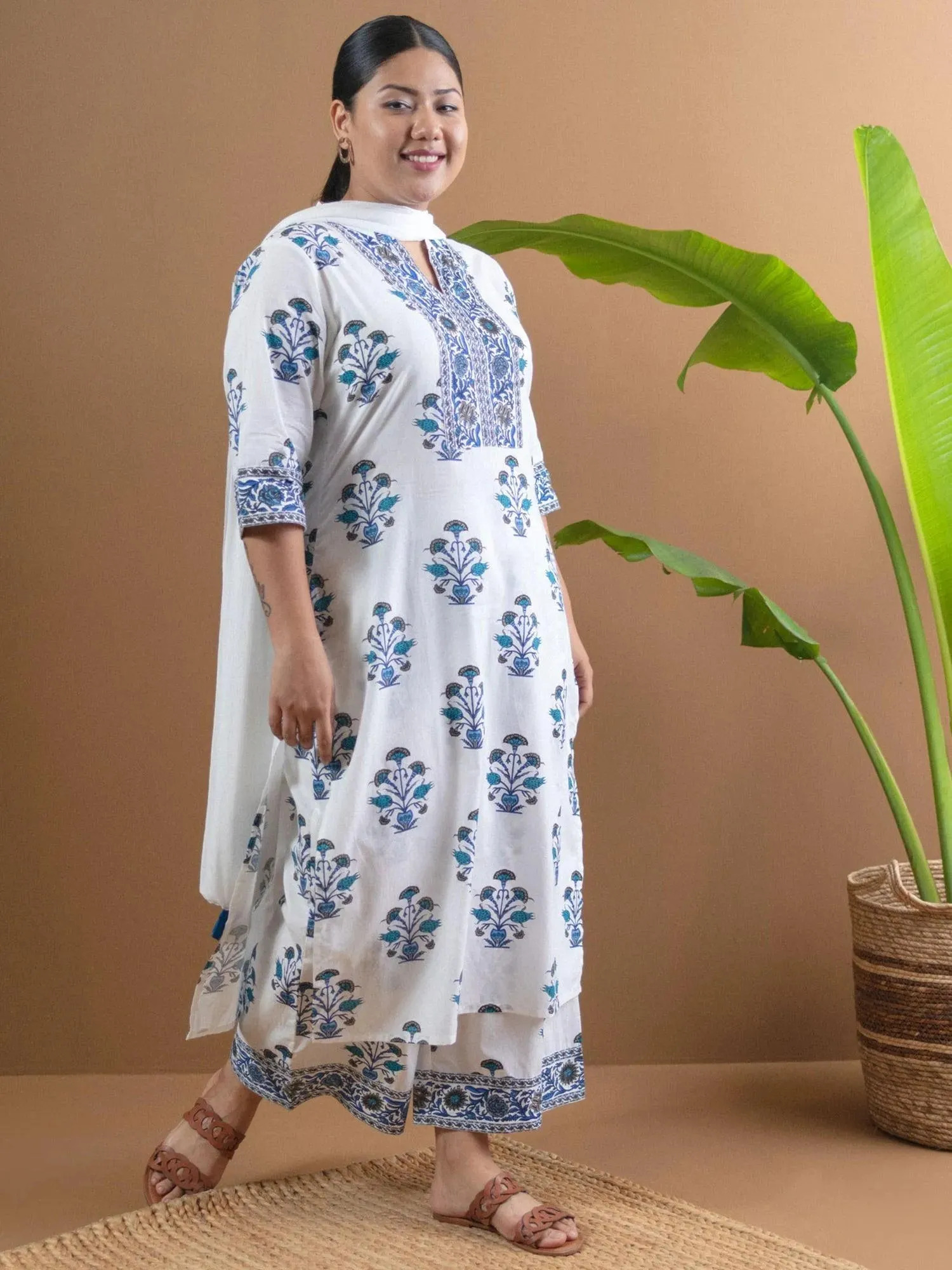Pluse Size White Printed Cotton Kurta Set with Palazzo and Dupatta