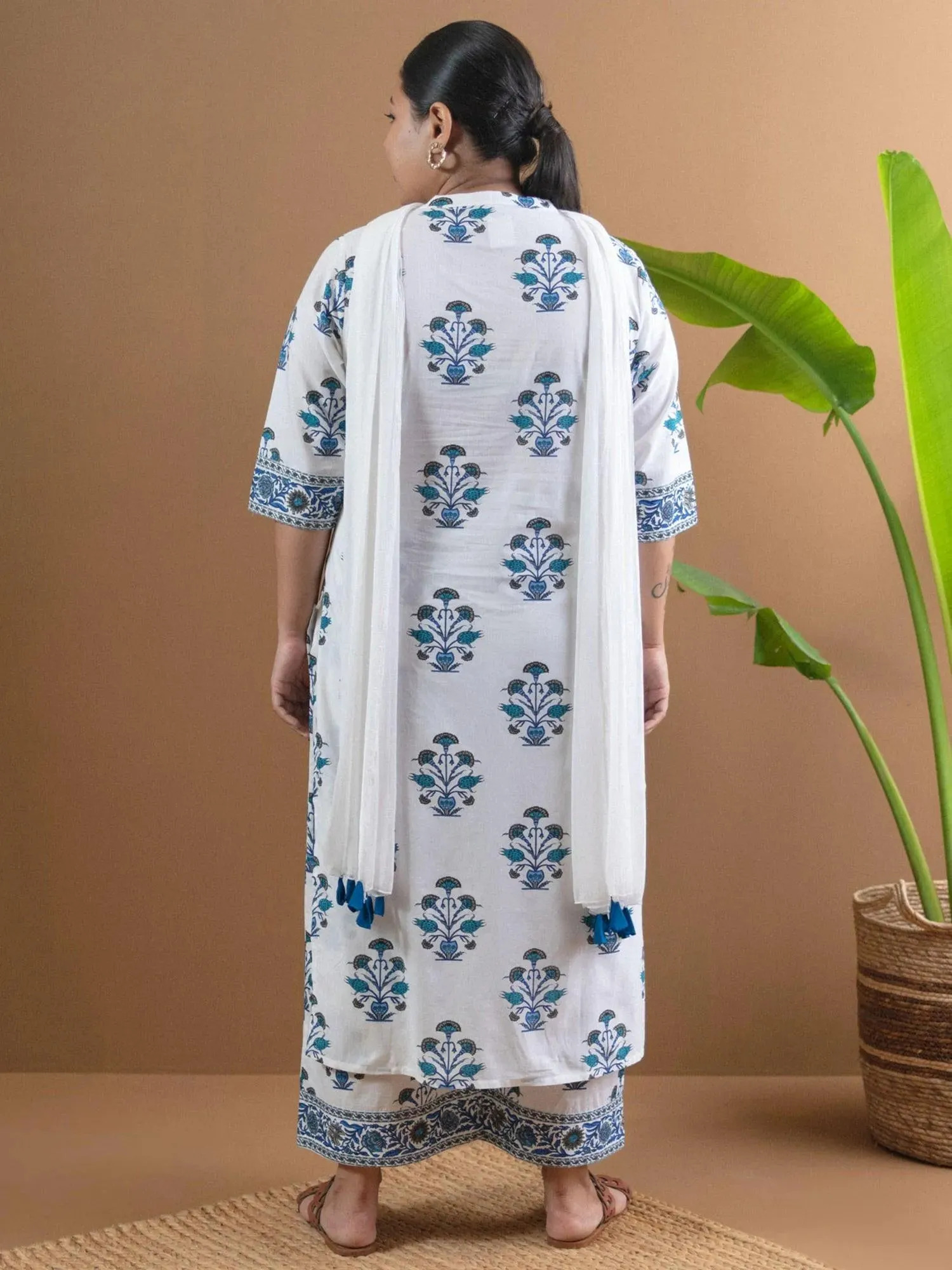 Pluse Size White Printed Cotton Kurta Set with Palazzo and Dupatta