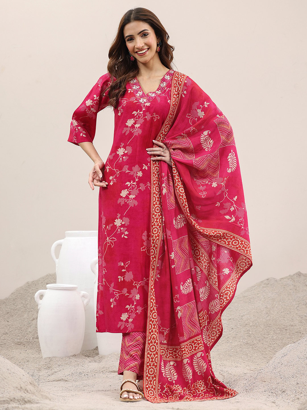 Crimson Silk Blend Embroidered Kurta Set with Dupatta
