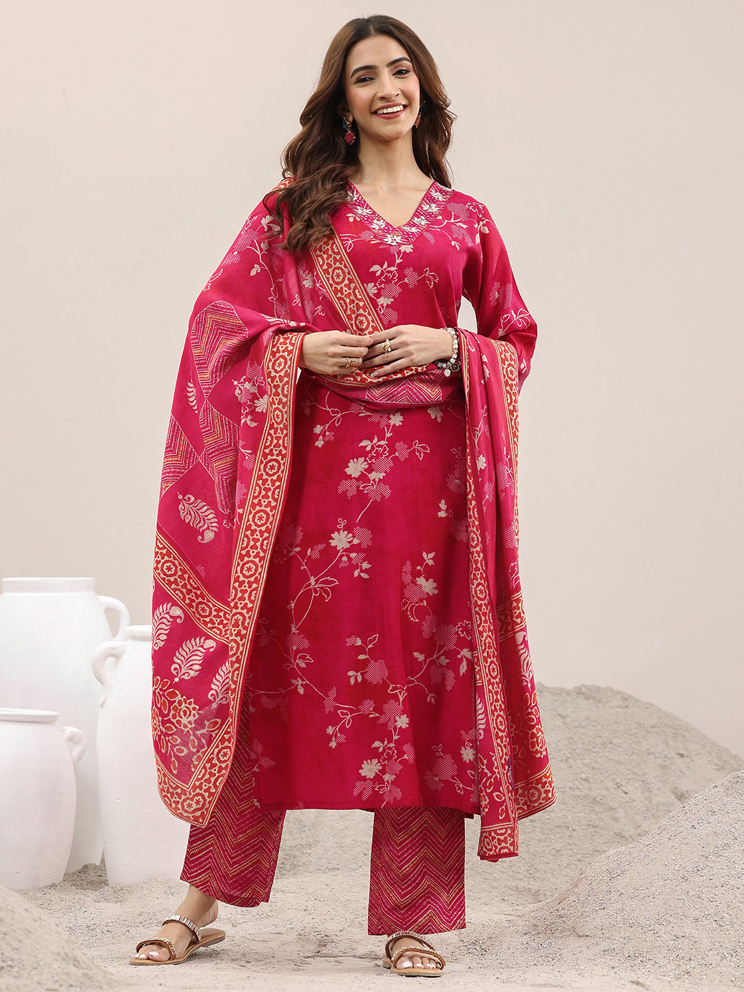 Crimson Silk Blend Embroidered Kurta Set with Dupatta