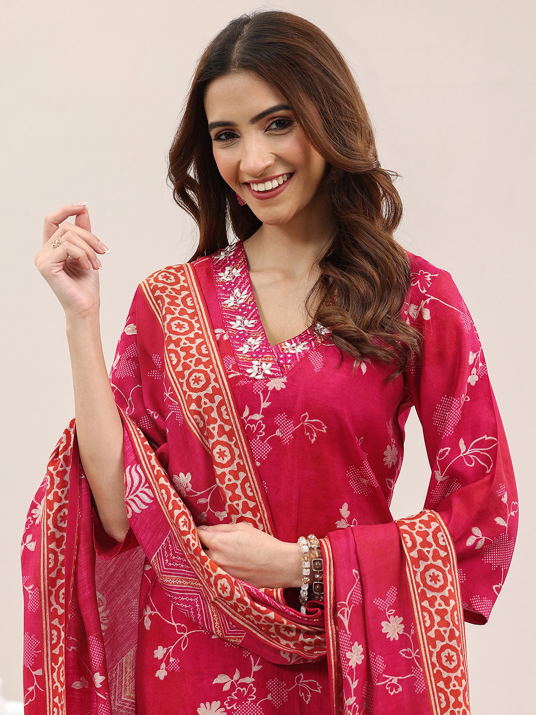 Crimson Silk Blend Embroidered Kurta Set with Dupatta