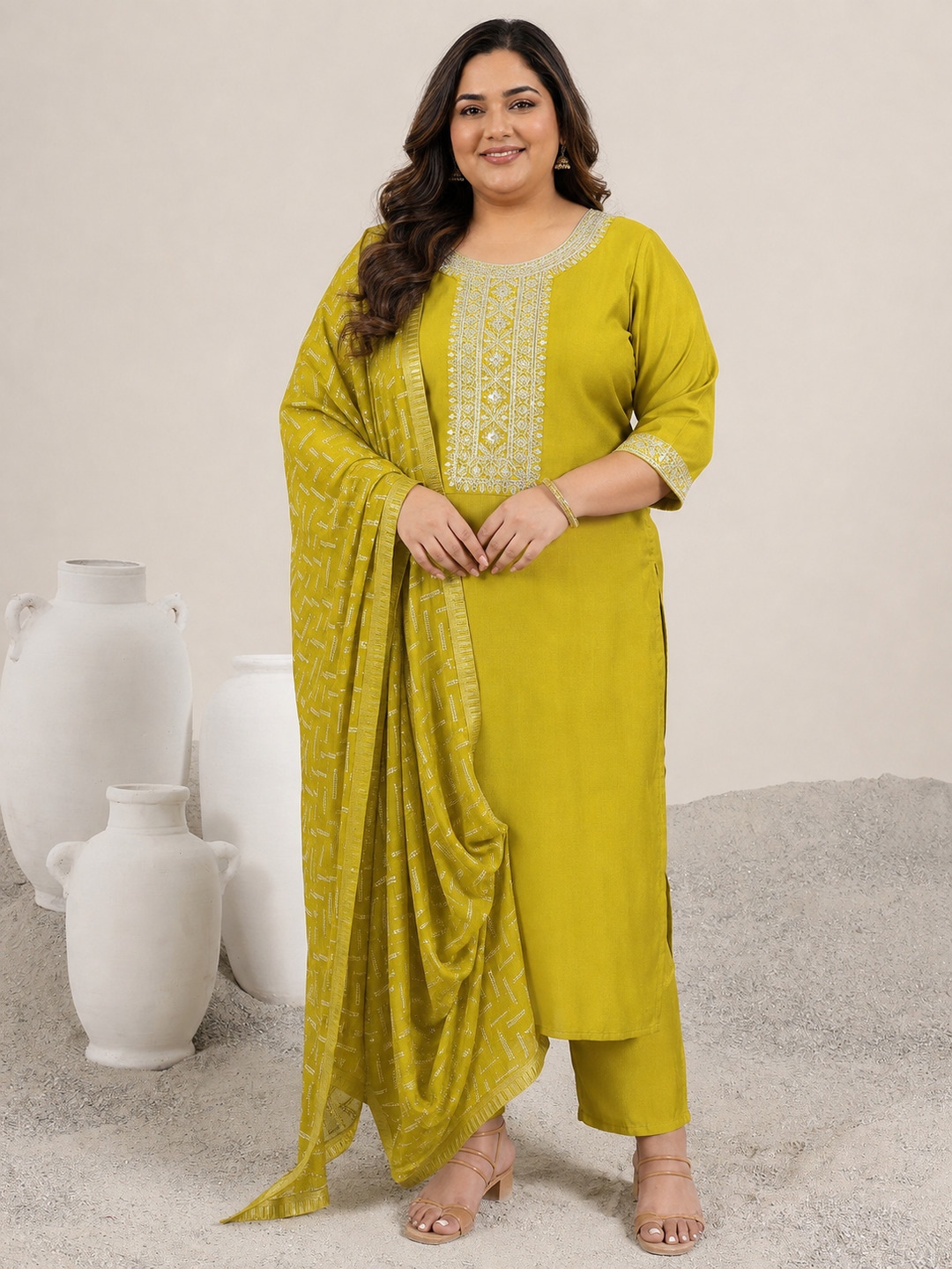 Plus Green Embroidered Silk Blend Kurta Set with Dupatta