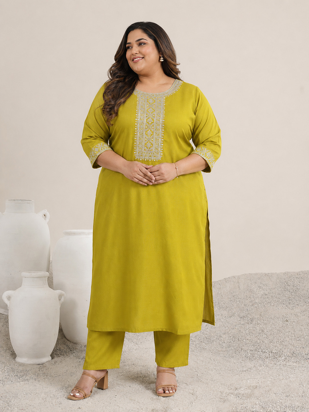 Plus Green Embroidered Silk Blend Kurta Set with Dupatta