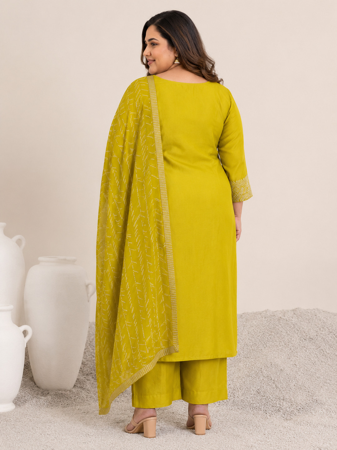 Plus Green Embroidered Silk Blend Kurta Set with Dupatta