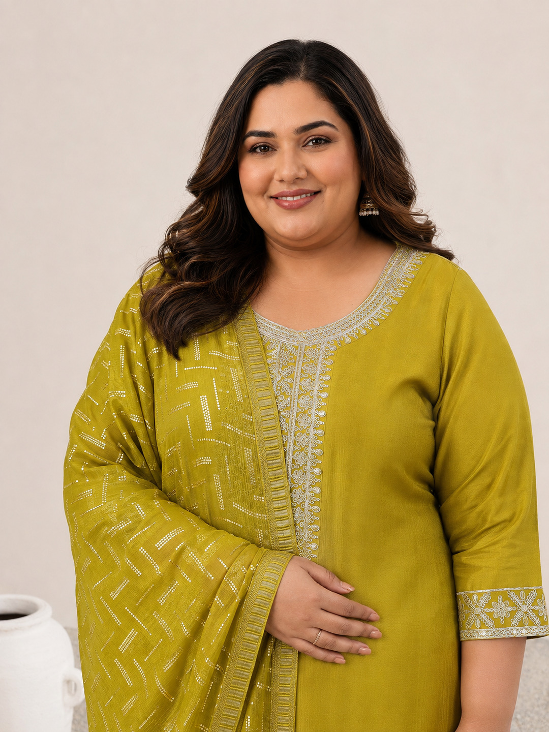 Plus Green Embroidered Silk Blend Kurta Set with Dupatta