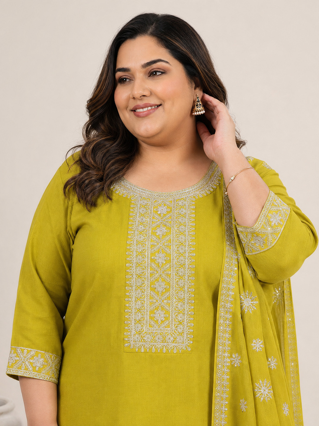 Plus Green Embroidered Silk Blend Kurta Set with Dupatta