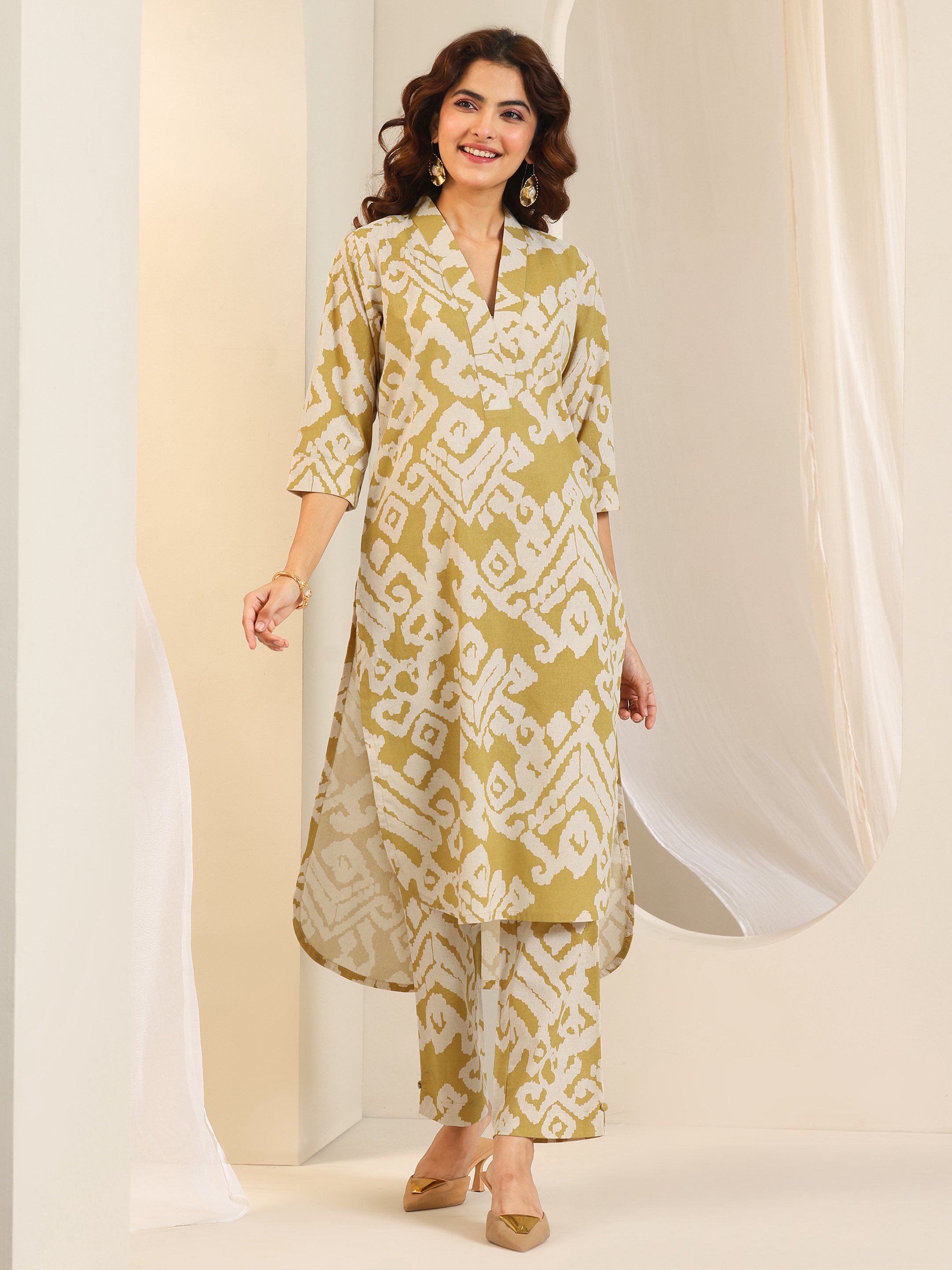 Mustard Printed V-Neck Kurta with Straight Trousers Set