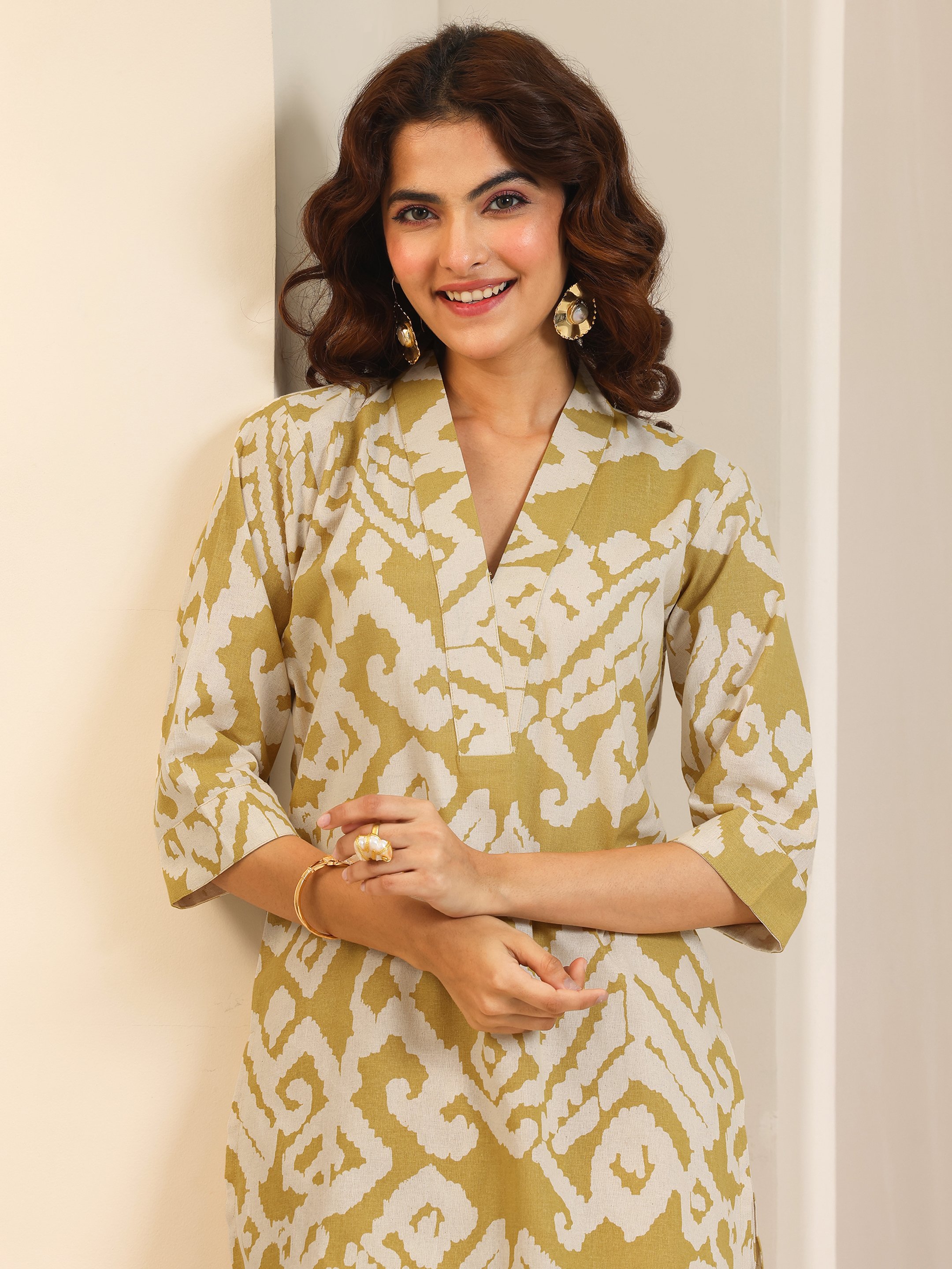Mustard Printed V-Neck Kurta with Straight Trousers Set